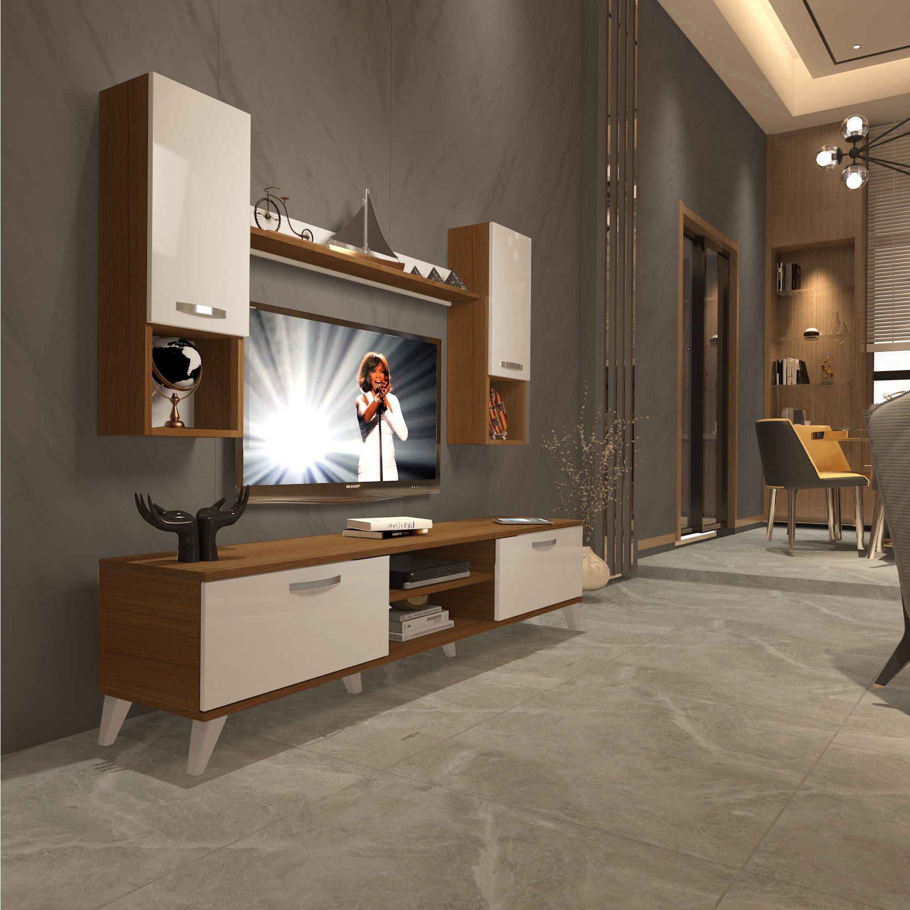 Decoraktiv Eko 5DA Slm Dvd Retro Tv Ünitesi Tv Sehpası Ceviz - Beyaz