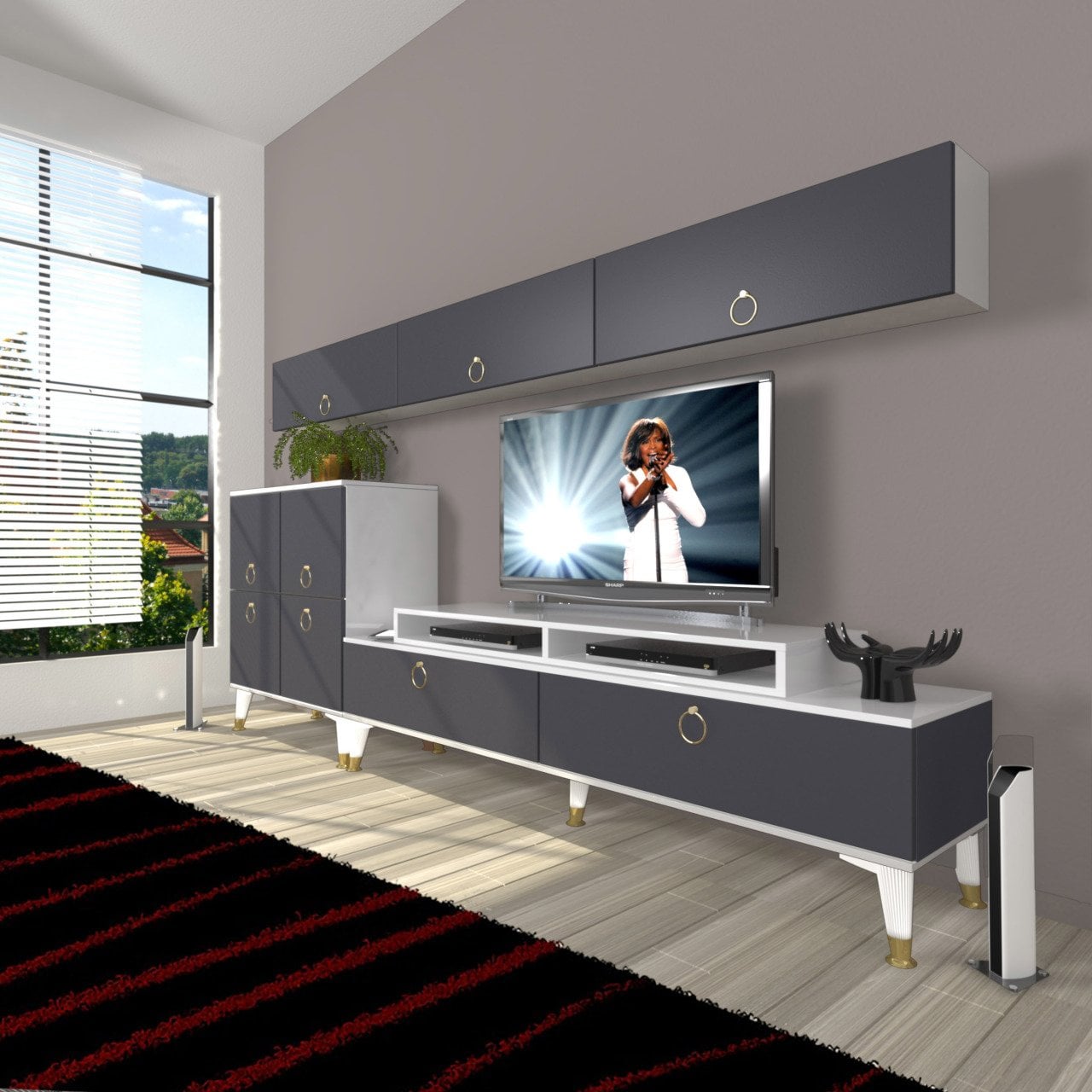 Decoraktiv Ekoflex 8 Mdf Gold Tv Ünitesi Tv Sehpası Beyaz - Antrasit