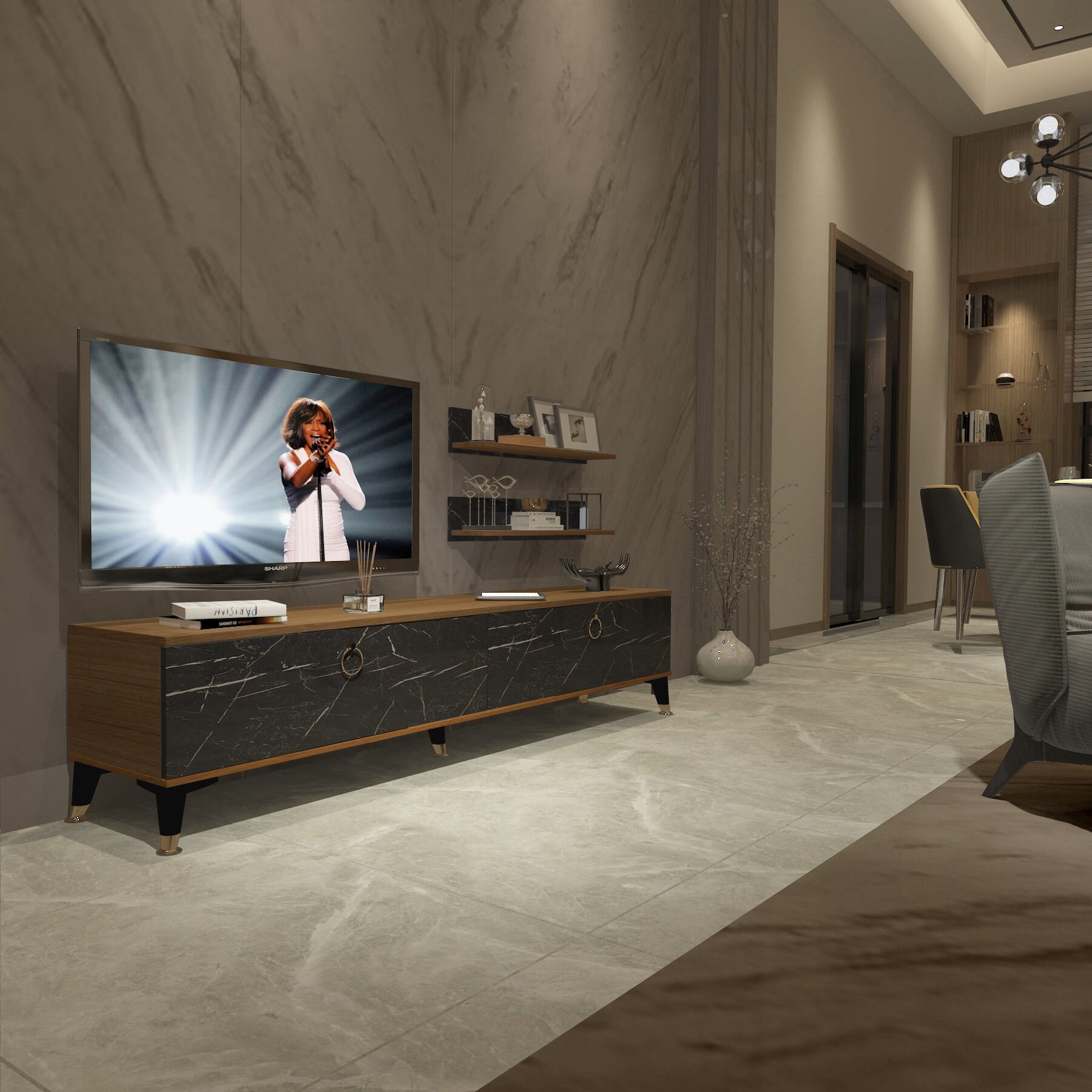 Decoraktiv Eko 4 Mdf Std Gold Tv Ünitesi Tv Sehpası Ceviz - Siyah Mermer