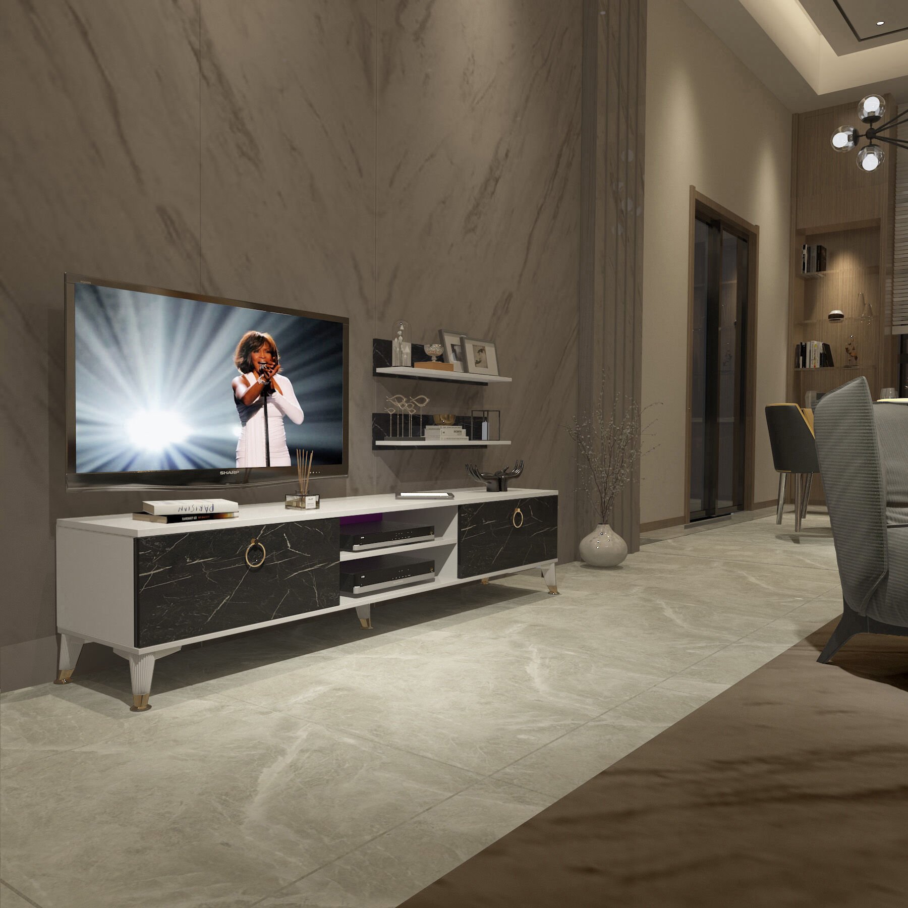 Decoraktiv Eko 4 Mdf Dvd Gold Tv Ünitesi Tv Sehpası Beyaz - Siyah Mermer