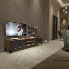Decoraktiv Eko 4 Mdf Dvd Gold Tv Ünitesi Tv Sehpası Pera - Siyah Mermer