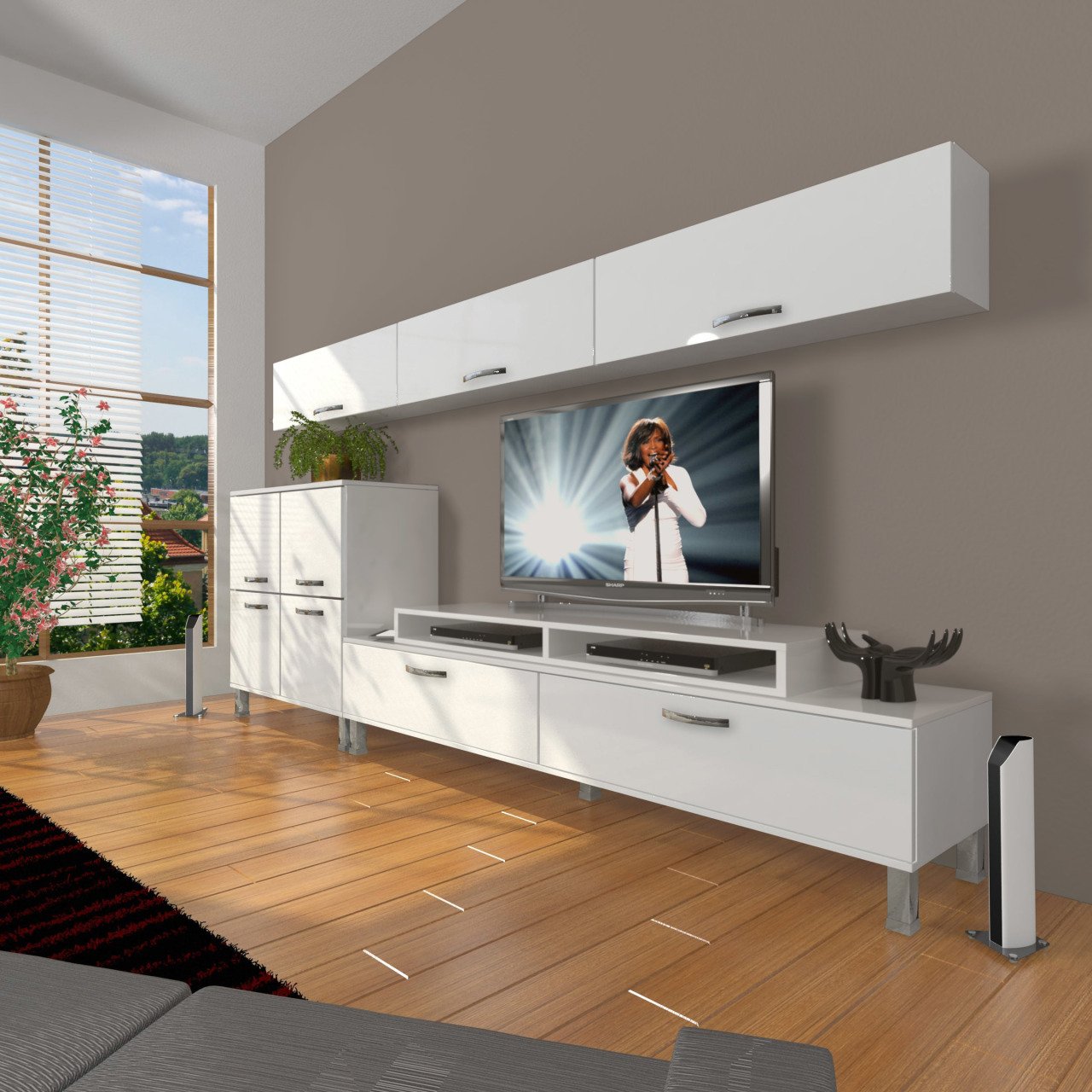 Decoraktiv Ekoflex 8 Slm Krom Ayaklı Tv Ünitesi Tv Sehpası Parlak Beyaz