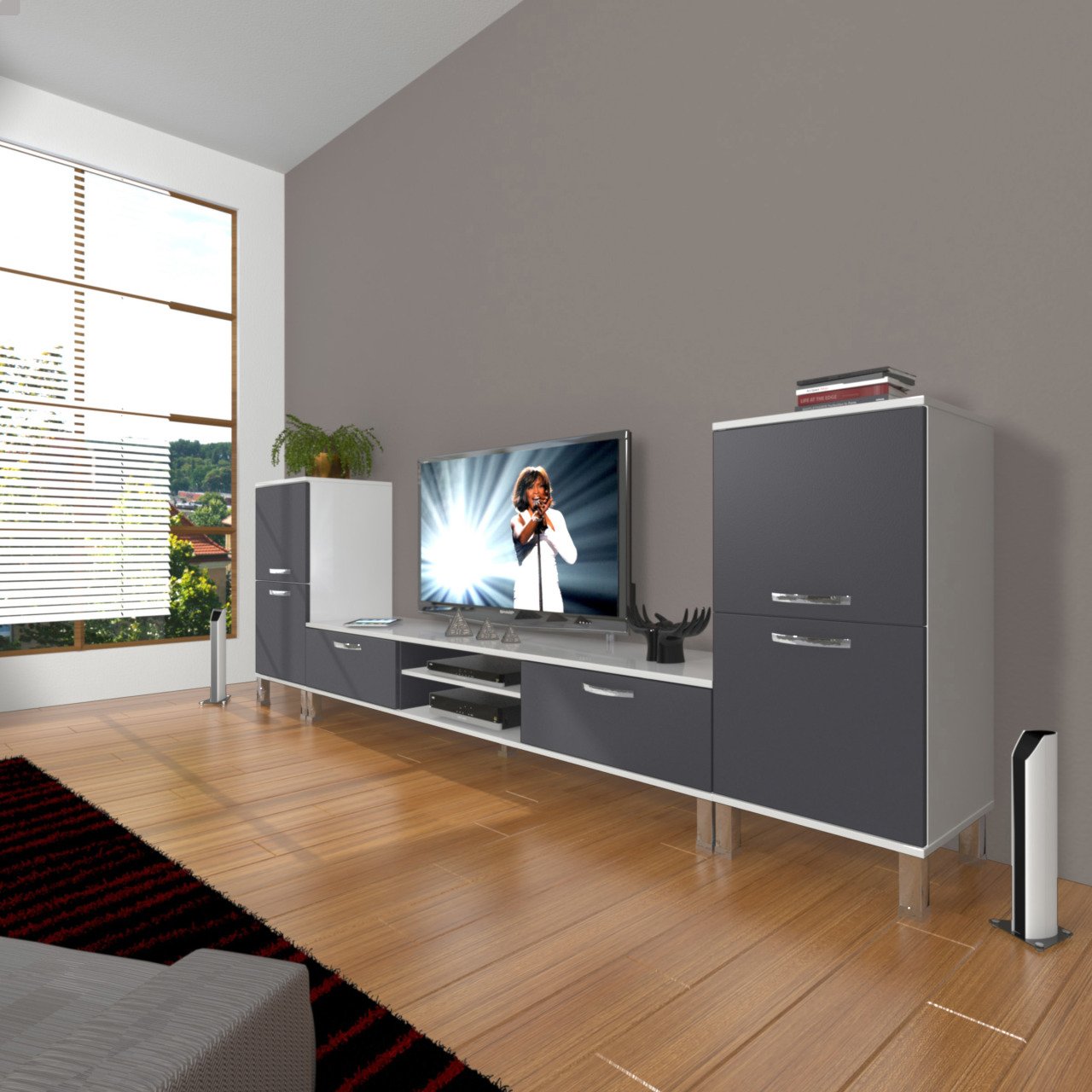 Decoraktiv Eko On2 Mdf Dvd Krom Ayaklı Tv Ünitesi Tv Sehpası Beyaz - Antrasit