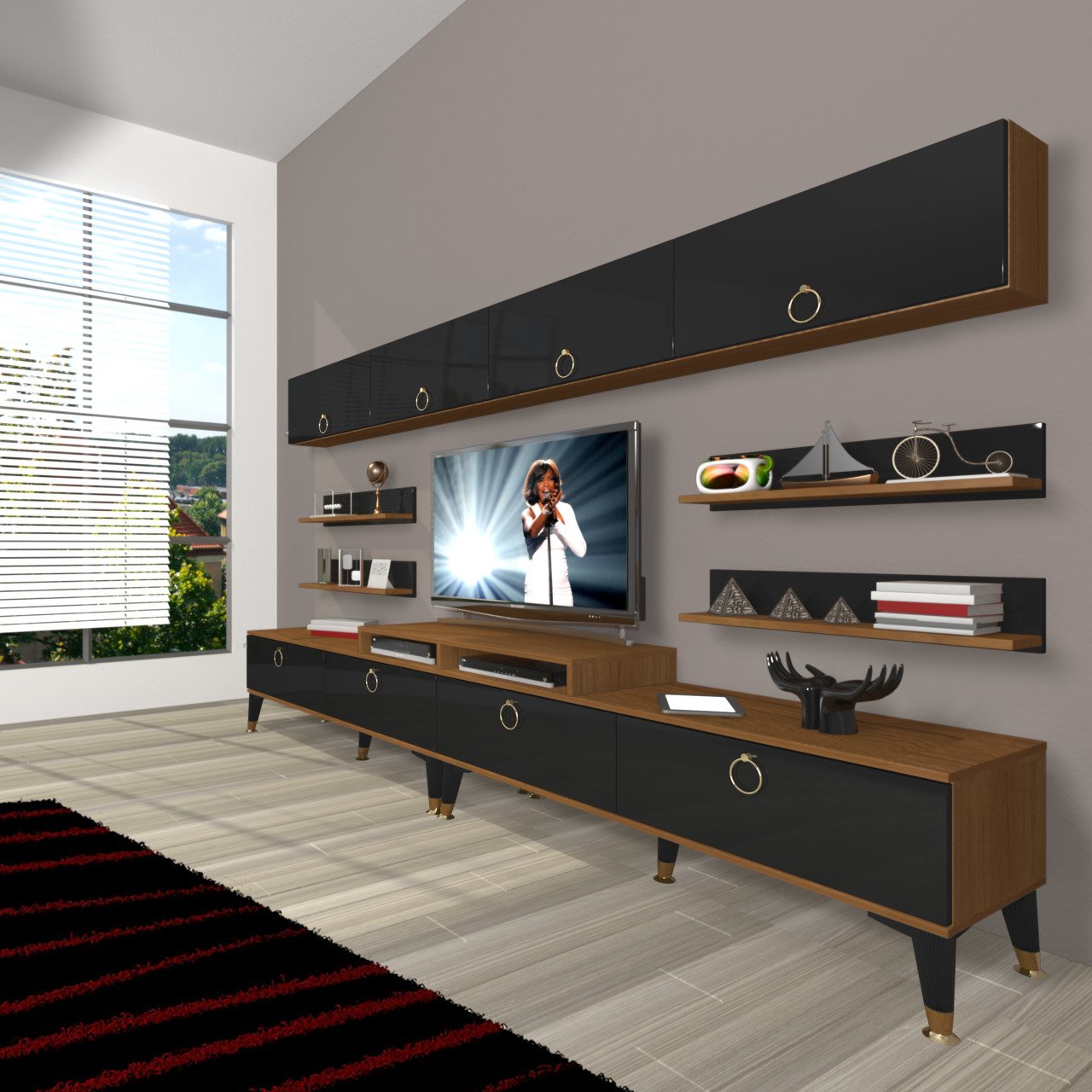 Decoraktiv Ekoflex 360Y Mdf Gold Tv Ünitesi Tv Sehpası Ceviz - Siyah