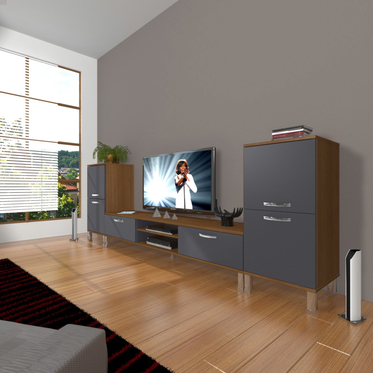 Decoraktiv Eko On2 Mdf Dvd Krom Ayaklı Tv Ünitesi Tv Sehpası Ceviz - Antrasit