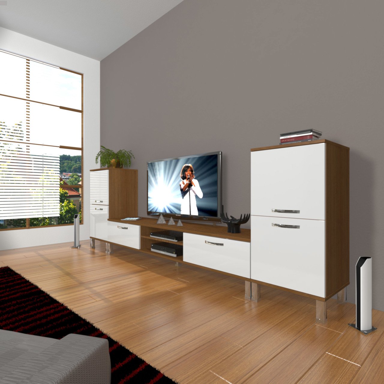 Decoraktiv Eko On2 Mdf Dvd Krom Ayaklı Tv Ünitesi Tv Sehpası Ceviz - Beyaz
