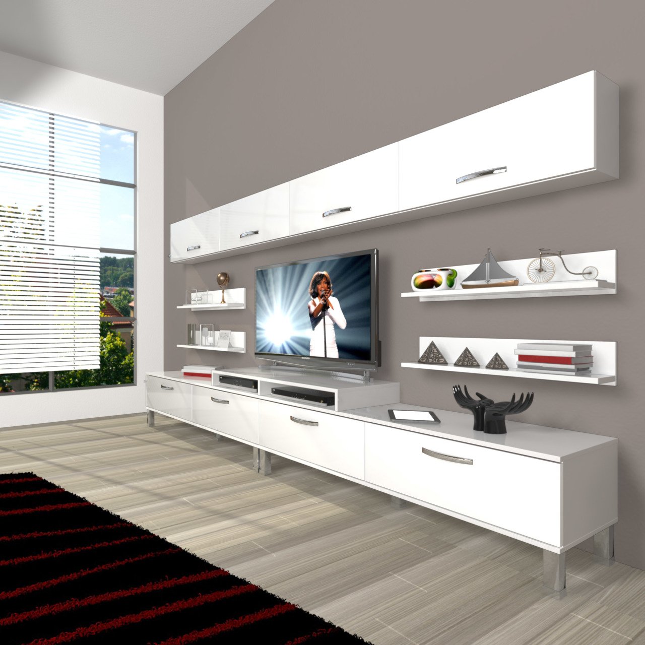 Decoraktiv Ekoflex 360Y Slm Krom Ayaklı Tv Ünitesi Tv Sehpası Parlak Beyaz