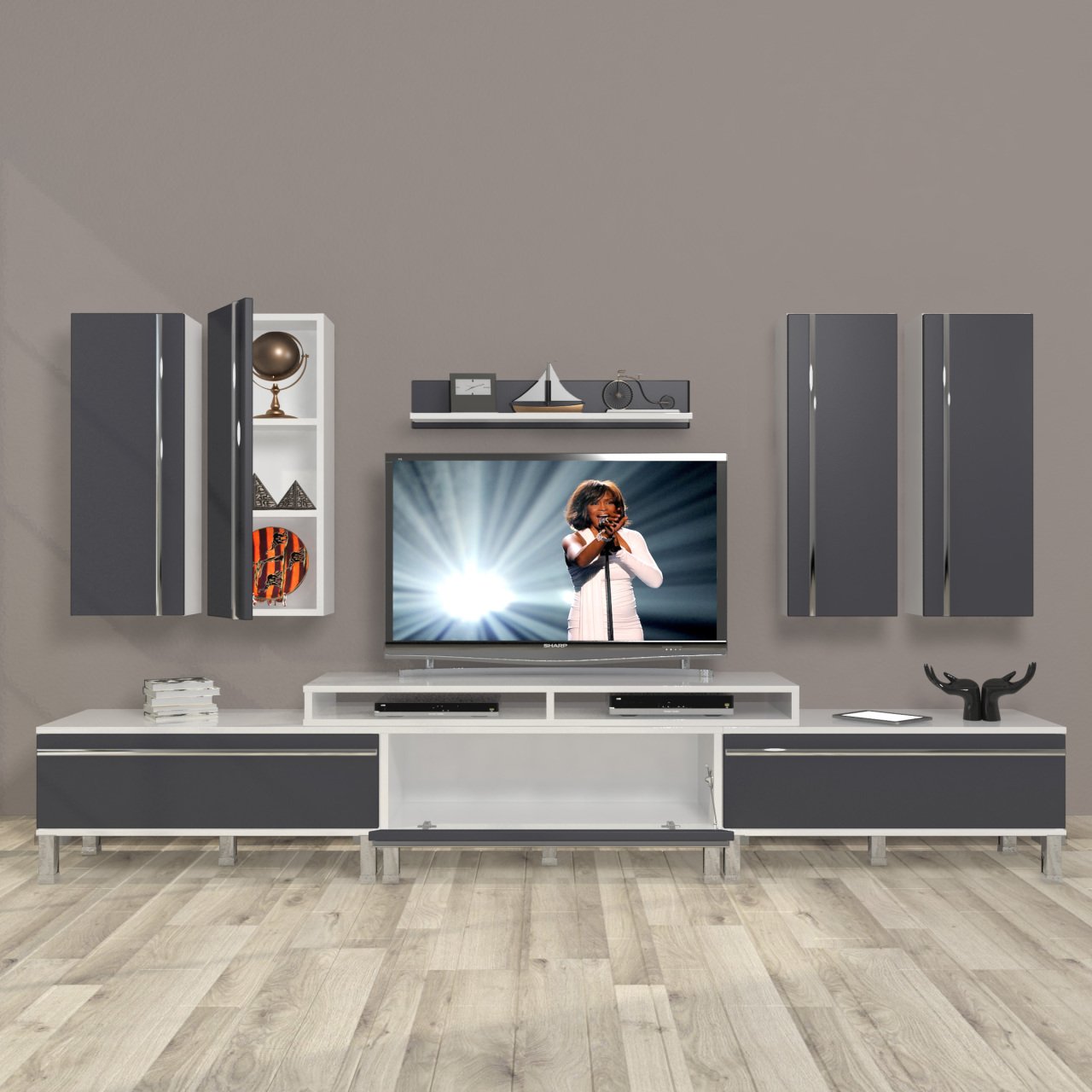 Decoraktiv Ekoflex 8D Mdf Krom Ayaklı Tv Ünitesi Tv Sehpası Beyaz - Antrasit