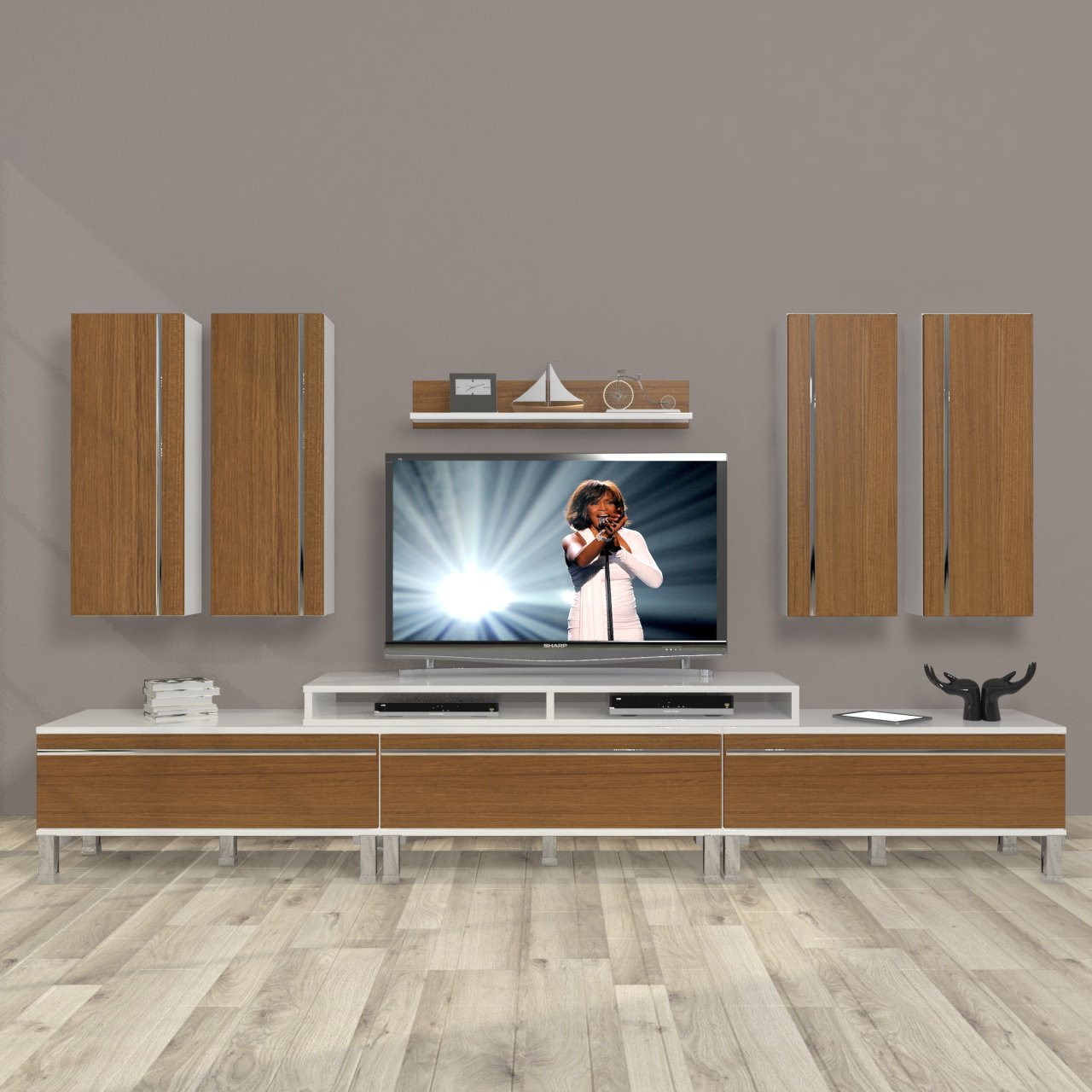 Decoraktiv Ekoflex 8D Mdf Krom Ayaklı Tv Ünitesi Tv Sehpası Beyaz - Ceviz
