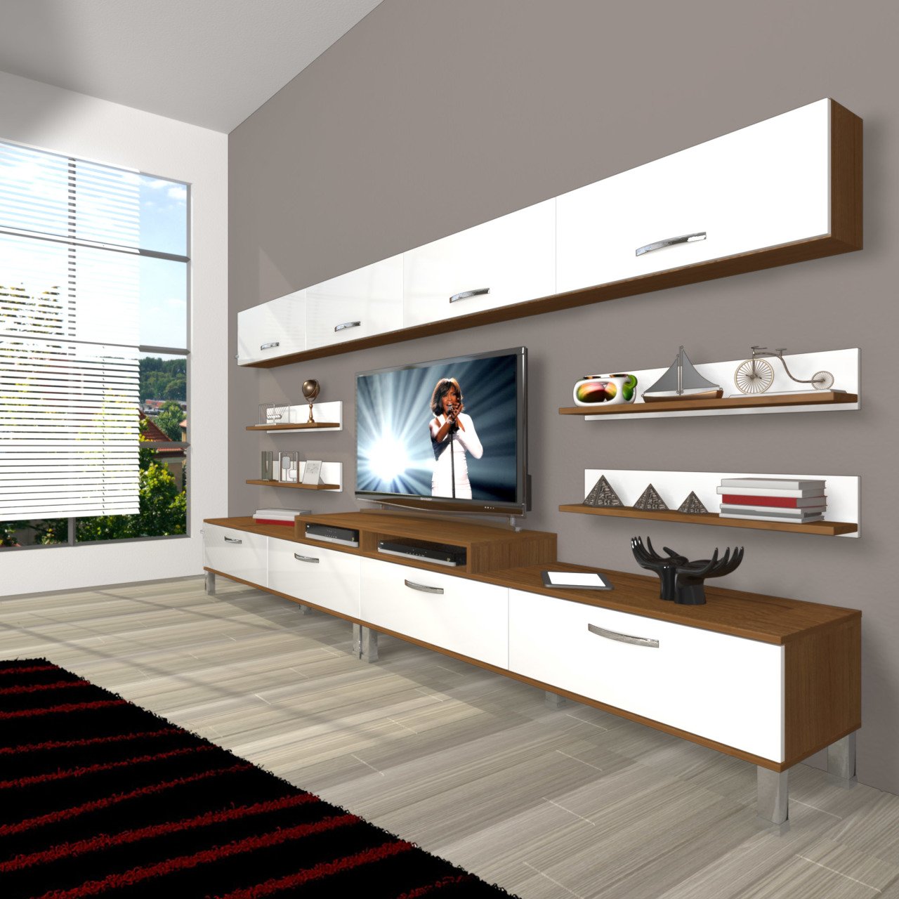 Decoraktiv Ekoflex 360Y Slm Krom Ayaklı Tv Ünitesi Tv Sehpası Ceviz - Beyaz
