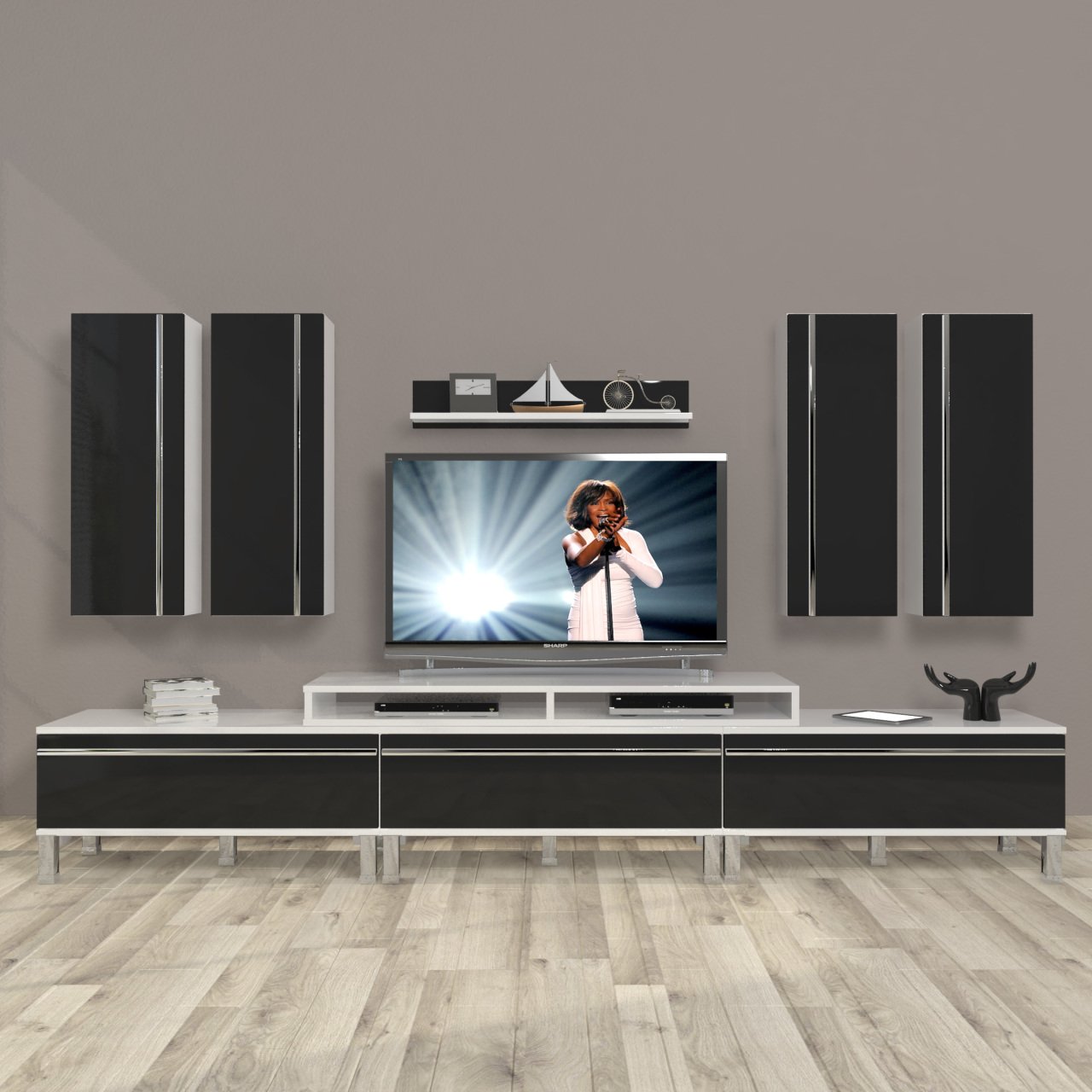Decoraktiv Ekoflex 8D Mdf Krom Ayaklı Tv Ünitesi Tv Sehpası Beyaz - Siyah