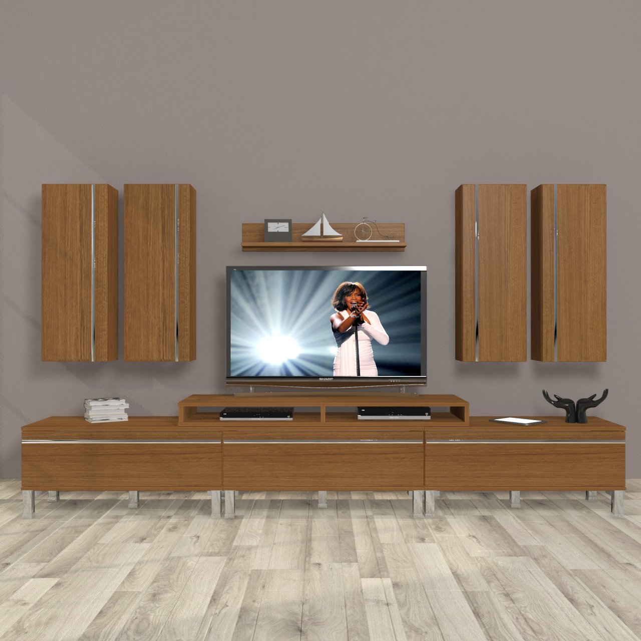 Decoraktiv Ekoflex 8D Mdf Krom Ayaklı Tv Ünitesi Tv Sehpası Ceviz