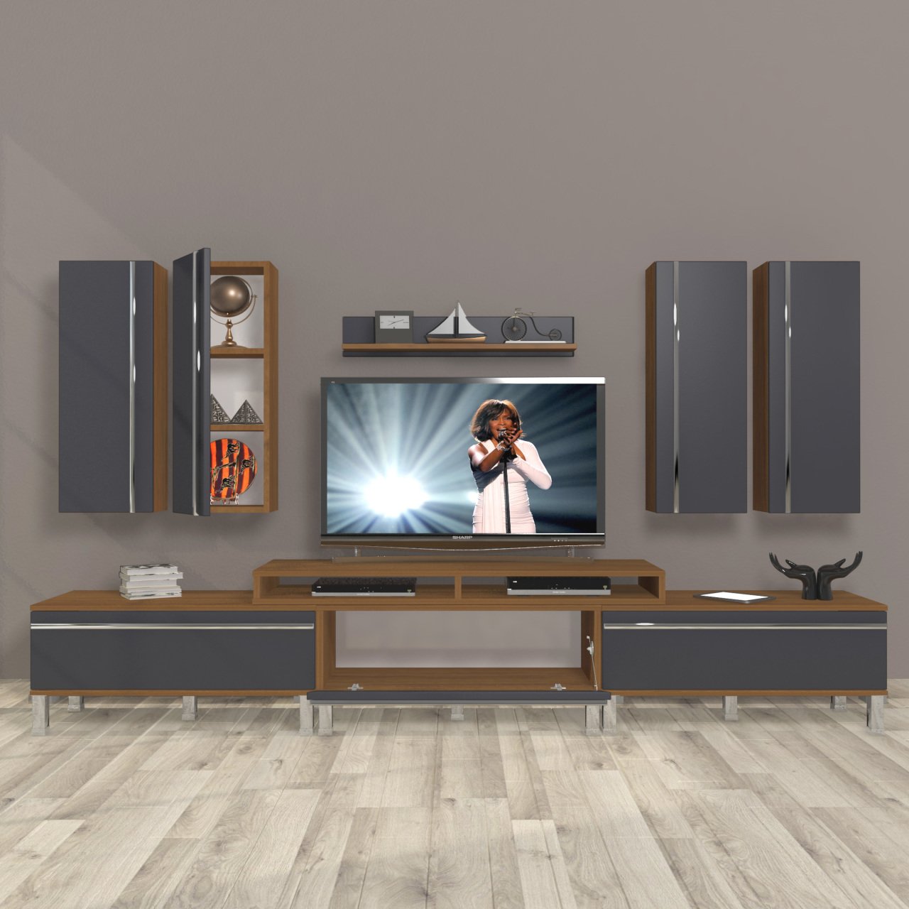Decoraktiv Ekoflex 8D Mdf Krom Ayaklı Tv Ünitesi Tv Sehpası Ceviz - Antrasit