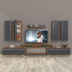 Decoraktiv Ekoflex 8D Mdf Krom Ayaklı Tv Ünitesi Tv Sehpası Ceviz - Antrasit