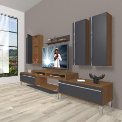 Decoraktiv Ekoflex 8D Mdf Krom Ayaklı Tv Ünitesi Tv Sehpası Ceviz - Antrasit