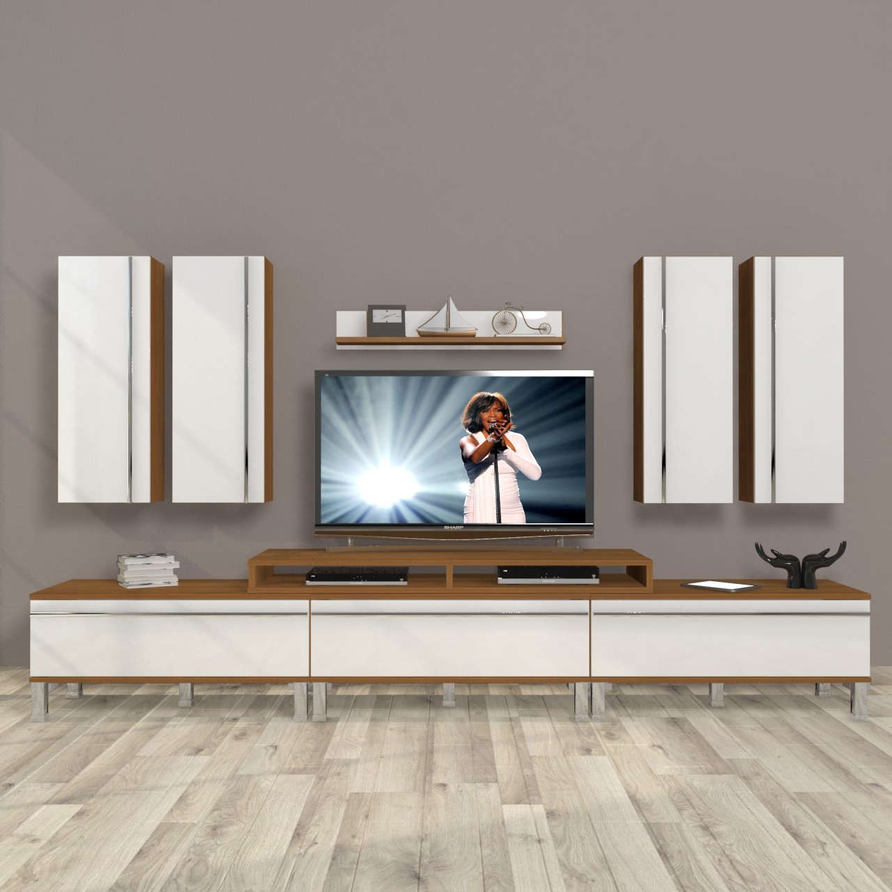 Decoraktiv Ekoflex 8D Mdf Krom Ayaklı Tv Ünitesi Tv Sehpası Ceviz - Beyaz