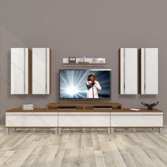 Decoraktiv Ekoflex 8D Mdf Krom Ayaklı Tv Ünitesi Tv Sehpası Ceviz - Beyaz