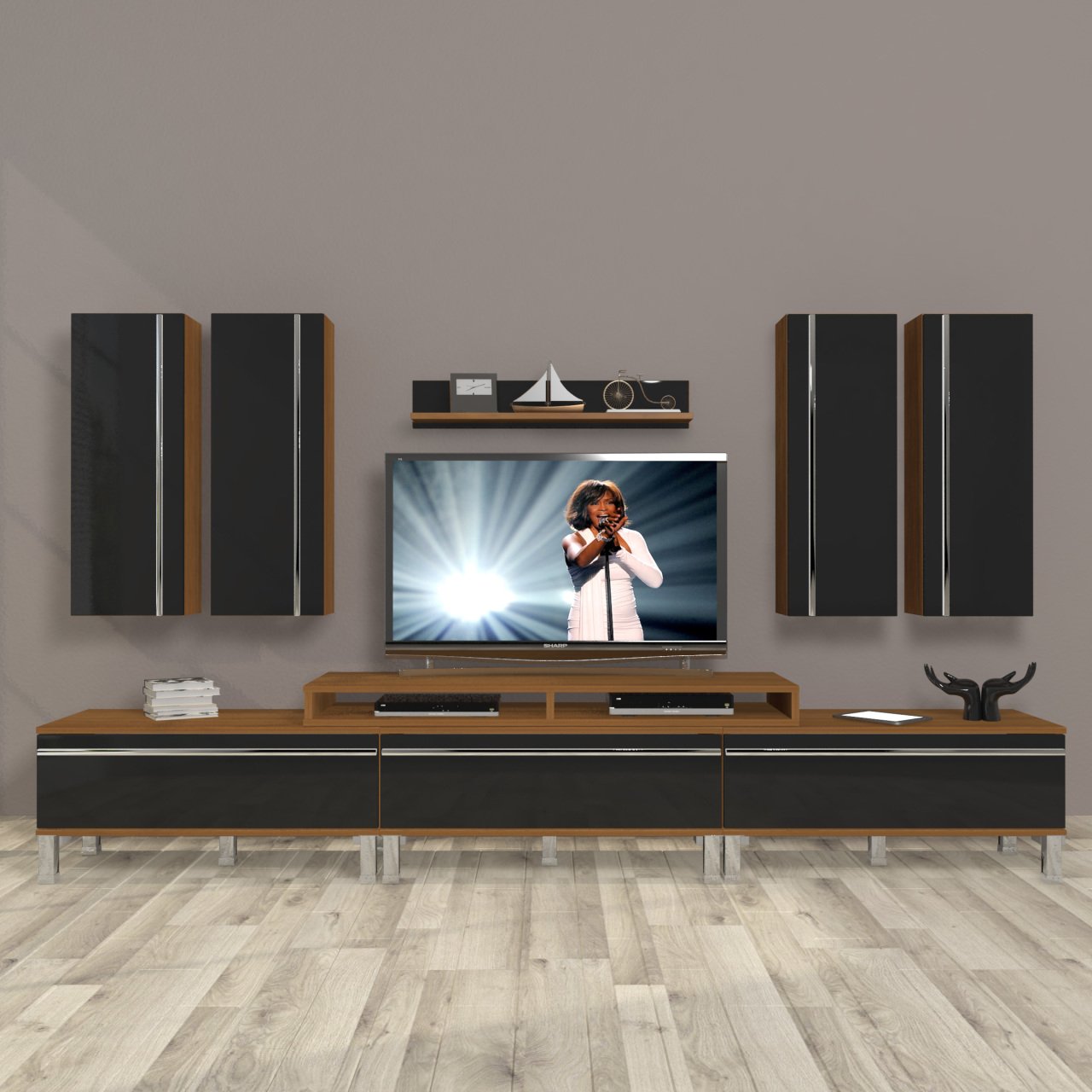 Decoraktiv Ekoflex 8D Mdf Krom Ayaklı Tv Ünitesi Tv Sehpası Ceviz - Siyah