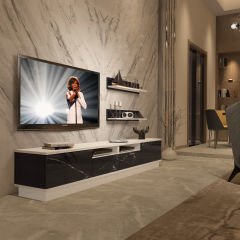 Decoraktiv Trendstyle 220RS Mdf Tv Ünitesi Tv Sehpası Beyaz - Siyah Mermer