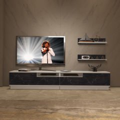 Decoraktiv Trendstyle 220RS Mdf Tv Ünitesi Tv Sehpası Beyaz - Siyah Mermer