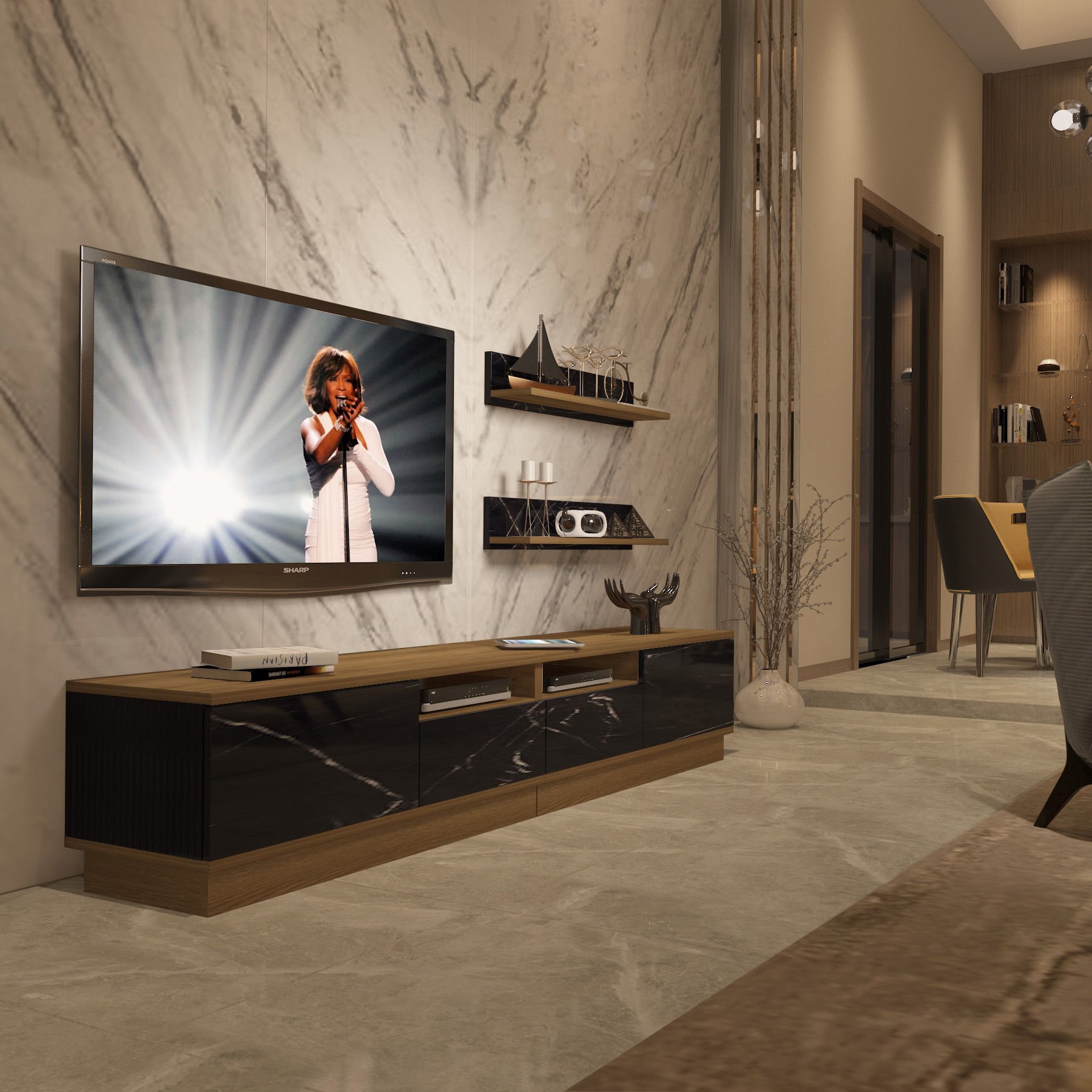 Decoraktiv Trendstyle 220RS Mdf Tv Ünitesi Tv Sehpası Pera - Siyah Mermer
