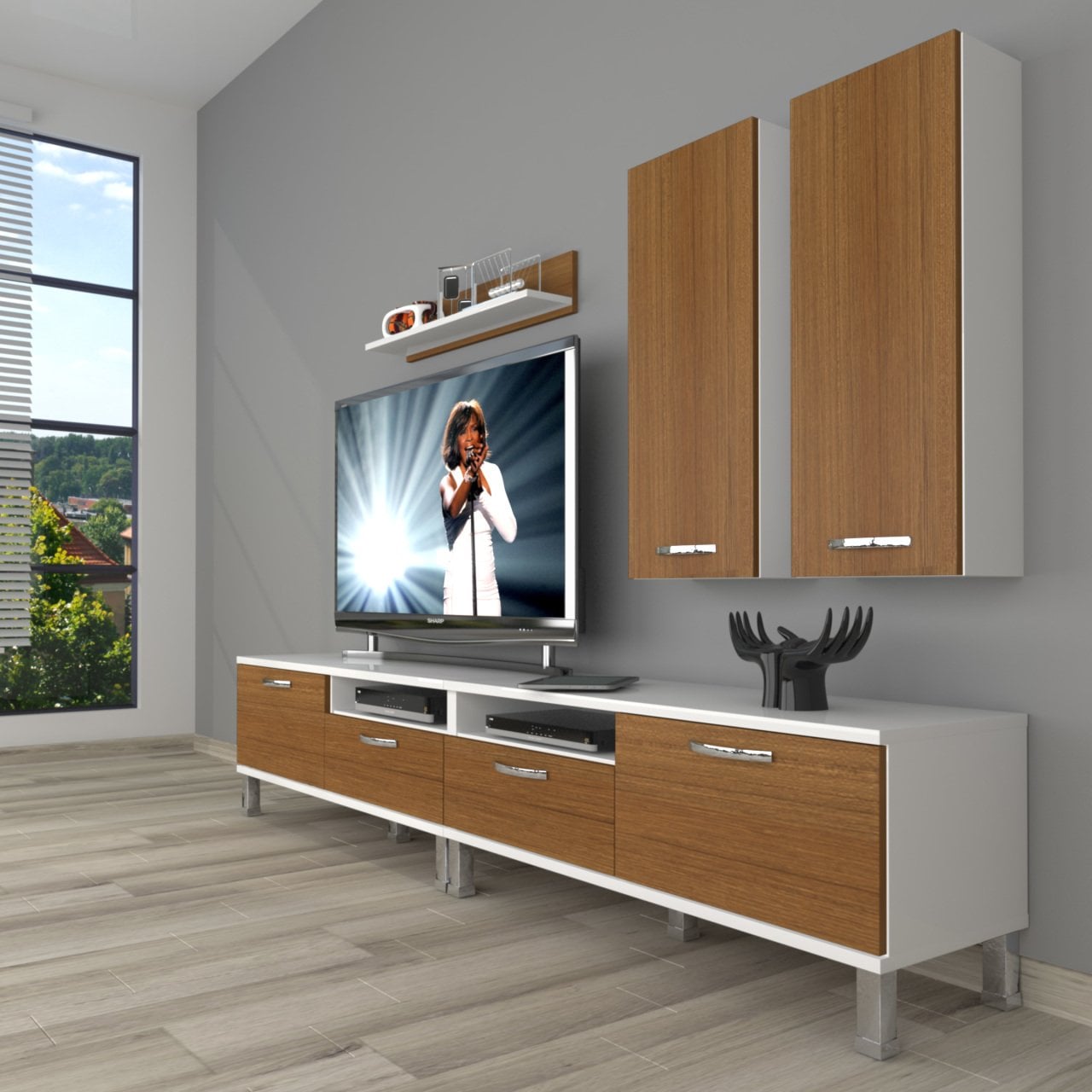 Decoraktiv Eko 5200D Slm Krom Ayaklı Tv Ünitesi Tv Sehpası Beyaz - Ceviz