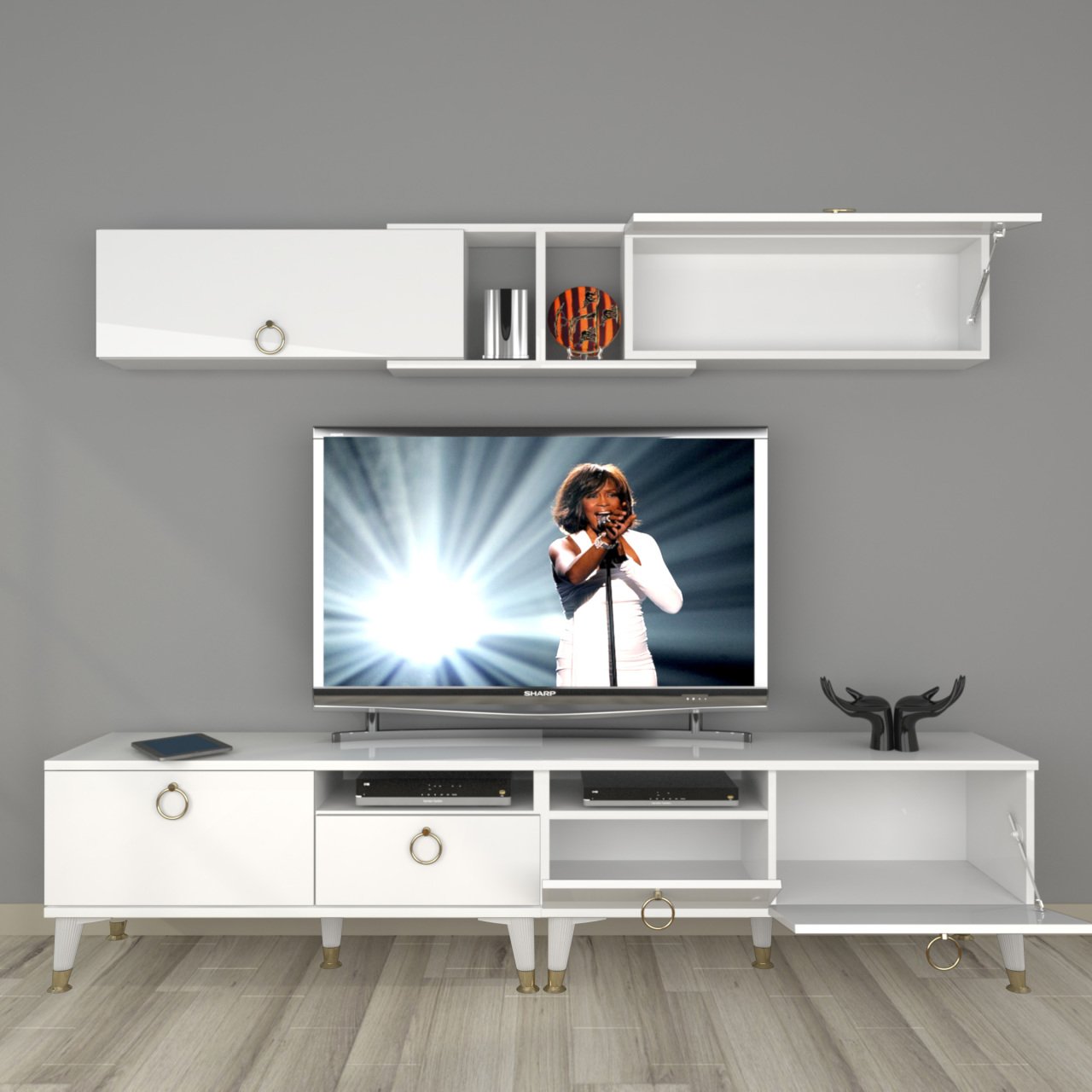 Decoraktiv Eko 5220 Mdf Gold Tv Ünitesi Tv Sehpası Parlak Beyaz