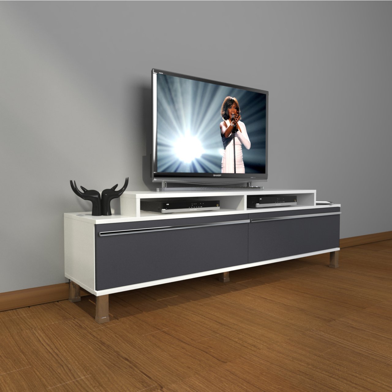 Decoraktiv Ekoflex 4 Mdf Krom Ayaklı Tv Ünitesi Tv Sehpası Beyaz - Antrasit