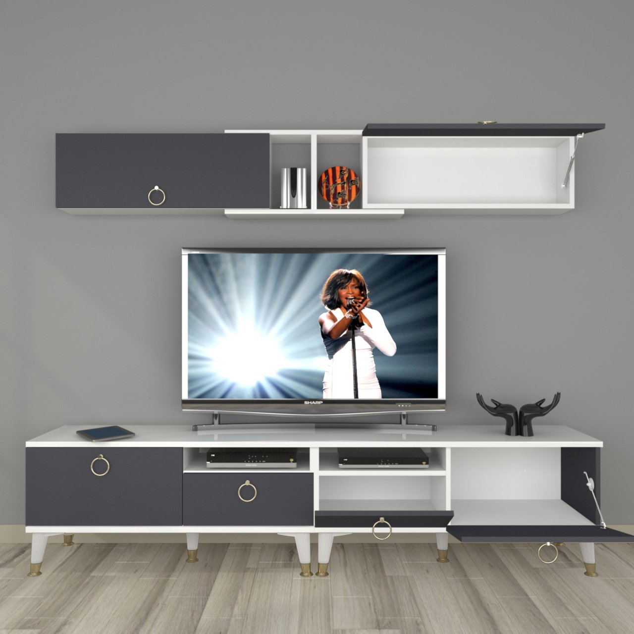 Decoraktiv Eko 5220 Mdf Gold Tv Ünitesi Tv Sehpası Beyaz - Antrasit