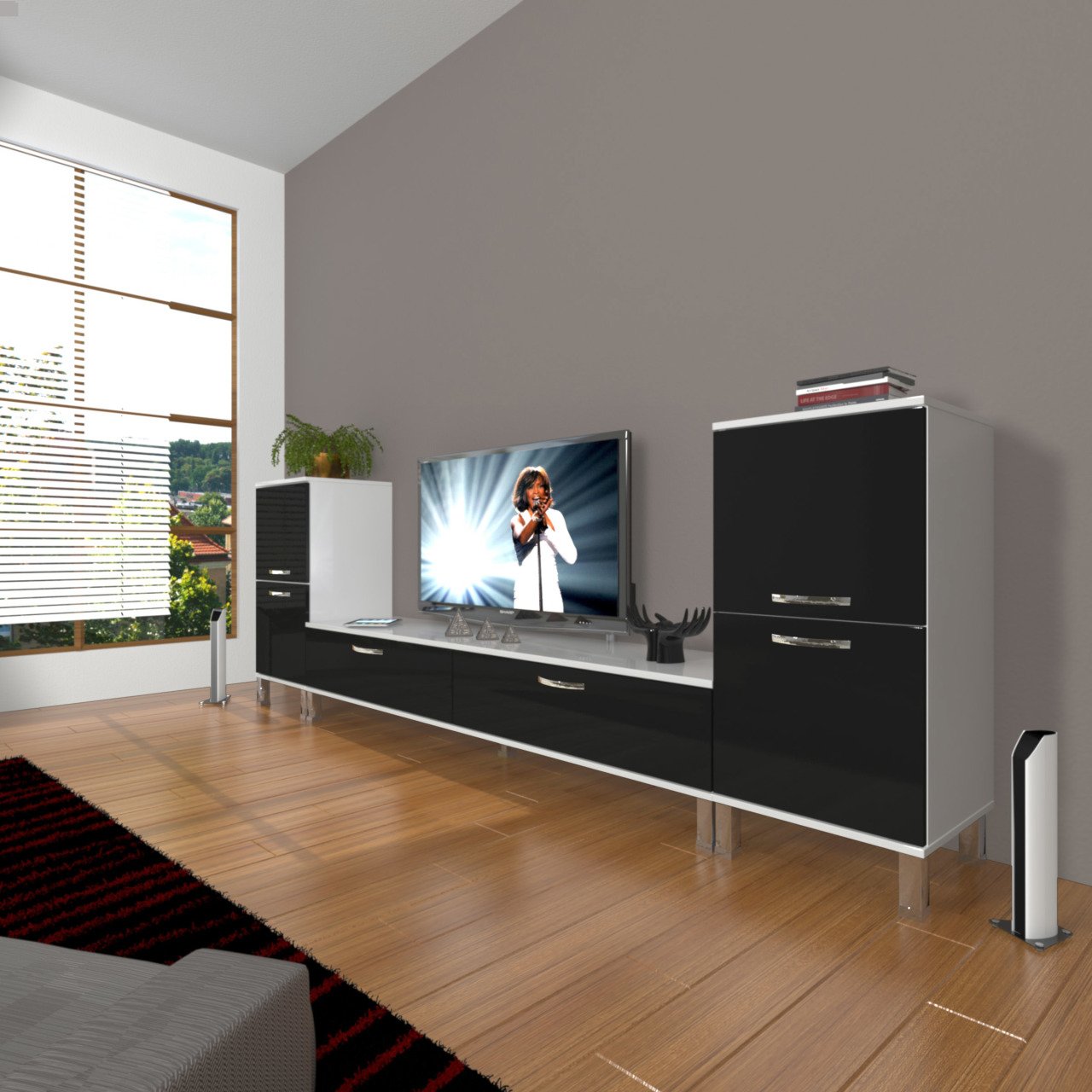 Decoraktiv Eko On2 Slm Std Krom Ayaklı Tv Ünitesi Tv Sehpası Beyaz - Siyah
