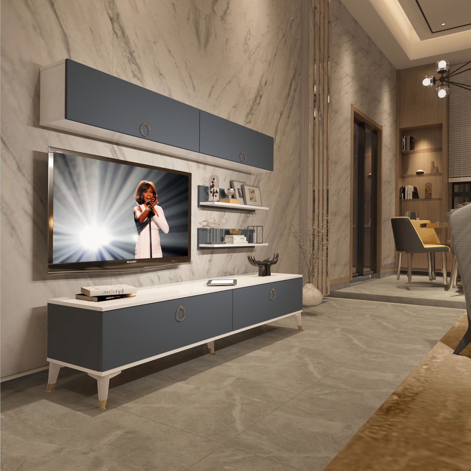 Decoraktiv Eko 5 Mdf Std Gold Tv Ünitesi Tv Sehpası Beyaz - Antrasit