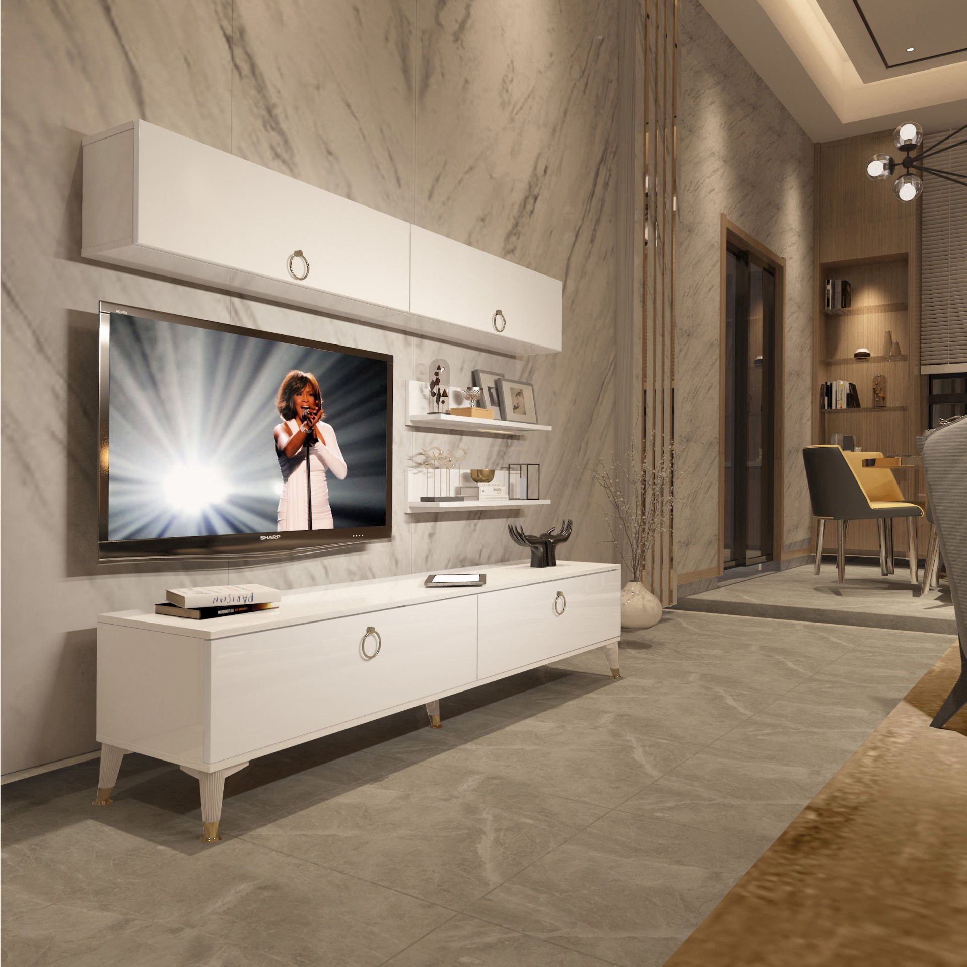 Decoraktiv Eko 5 Mdf Std Gold Tv Ünitesi Tv Sehpası Parlak Beyaz
