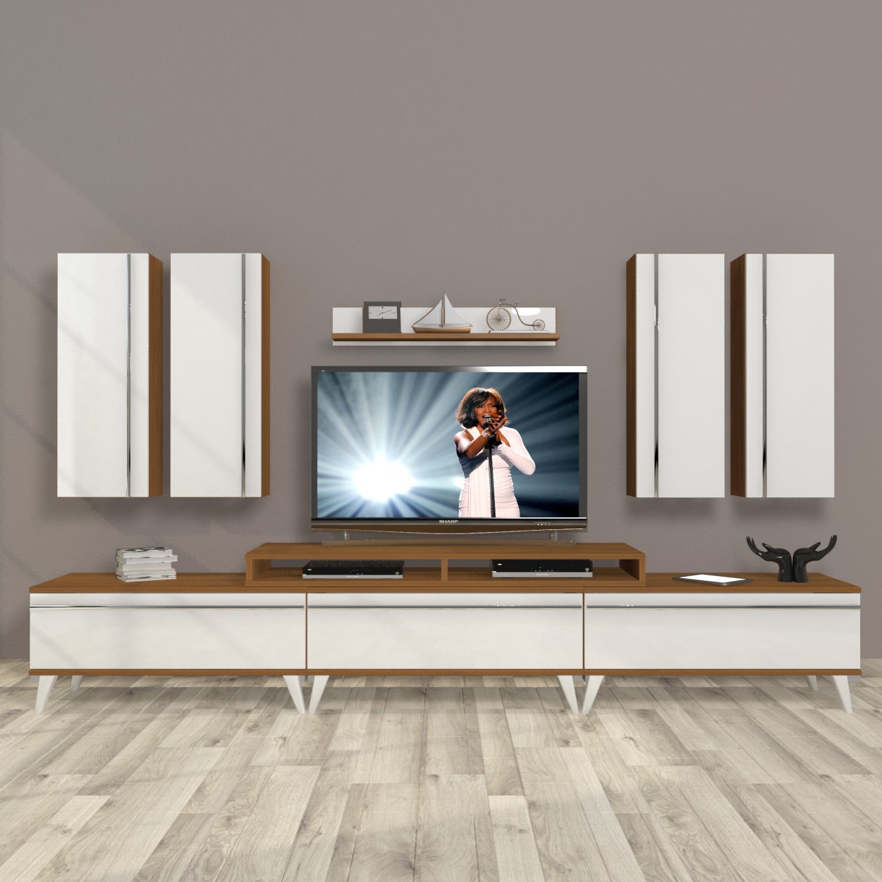Decoraktiv Ekoflex 8D Mdf Retro Tv Ünitesi Tv Sehpası Ceviz - Beyaz