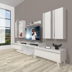 Decoraktiv Ekoflex 8D Mdf Retro Tv Ünitesi Tv Sehpası Parlak Beyaz