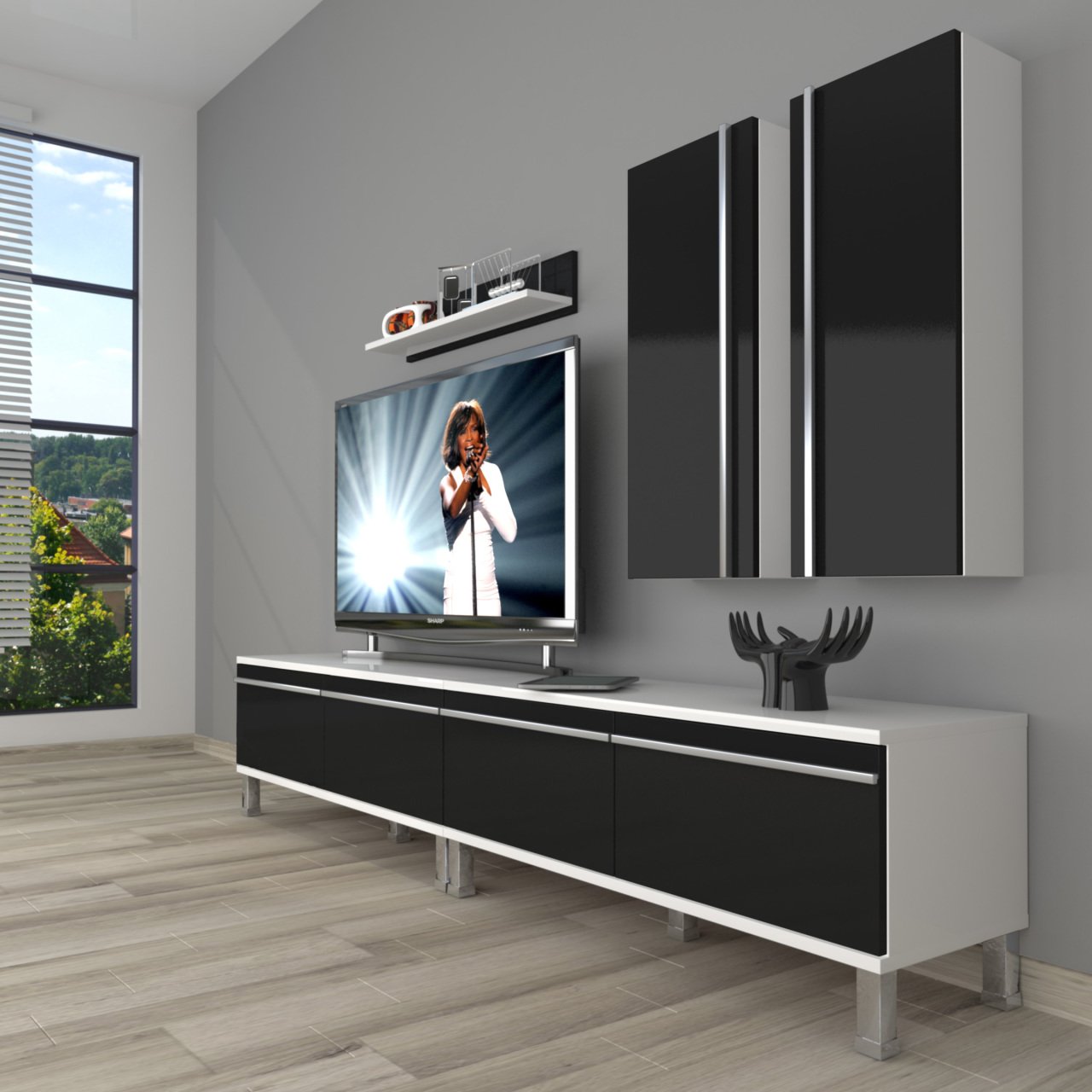 Decoraktiv Eko 5220T Mdf Krom Ayaklı Tv Ünitesi Tv Sehpası Beyaz - Siyah