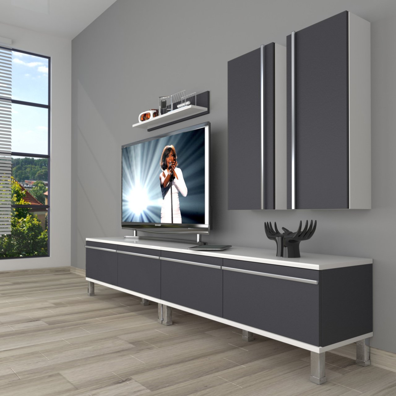 Decoraktiv Eko 5220T Mdf Krom Ayaklı Tv Ünitesi Tv Sehpası Beyaz - Antrasit