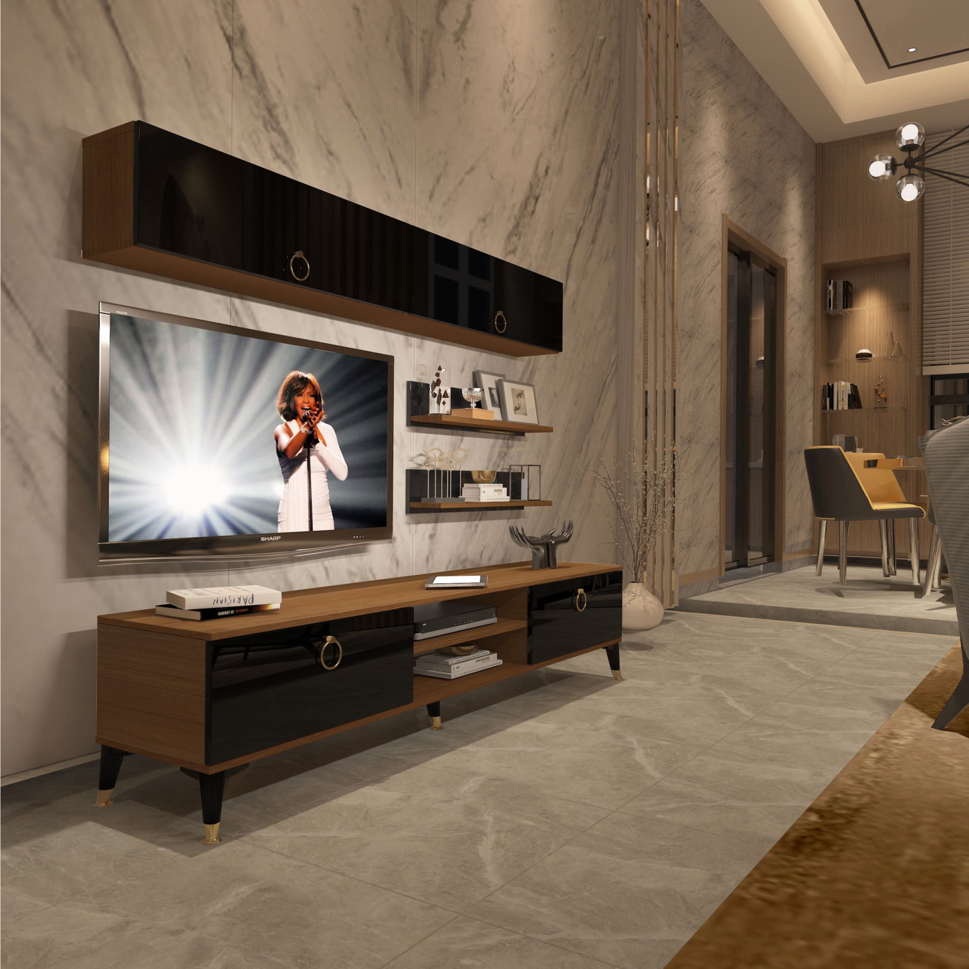 Decoraktiv Eko 5 Mdf Dvd Gold Tv Ünitesi Tv Sehpası Ceviz - Siyah