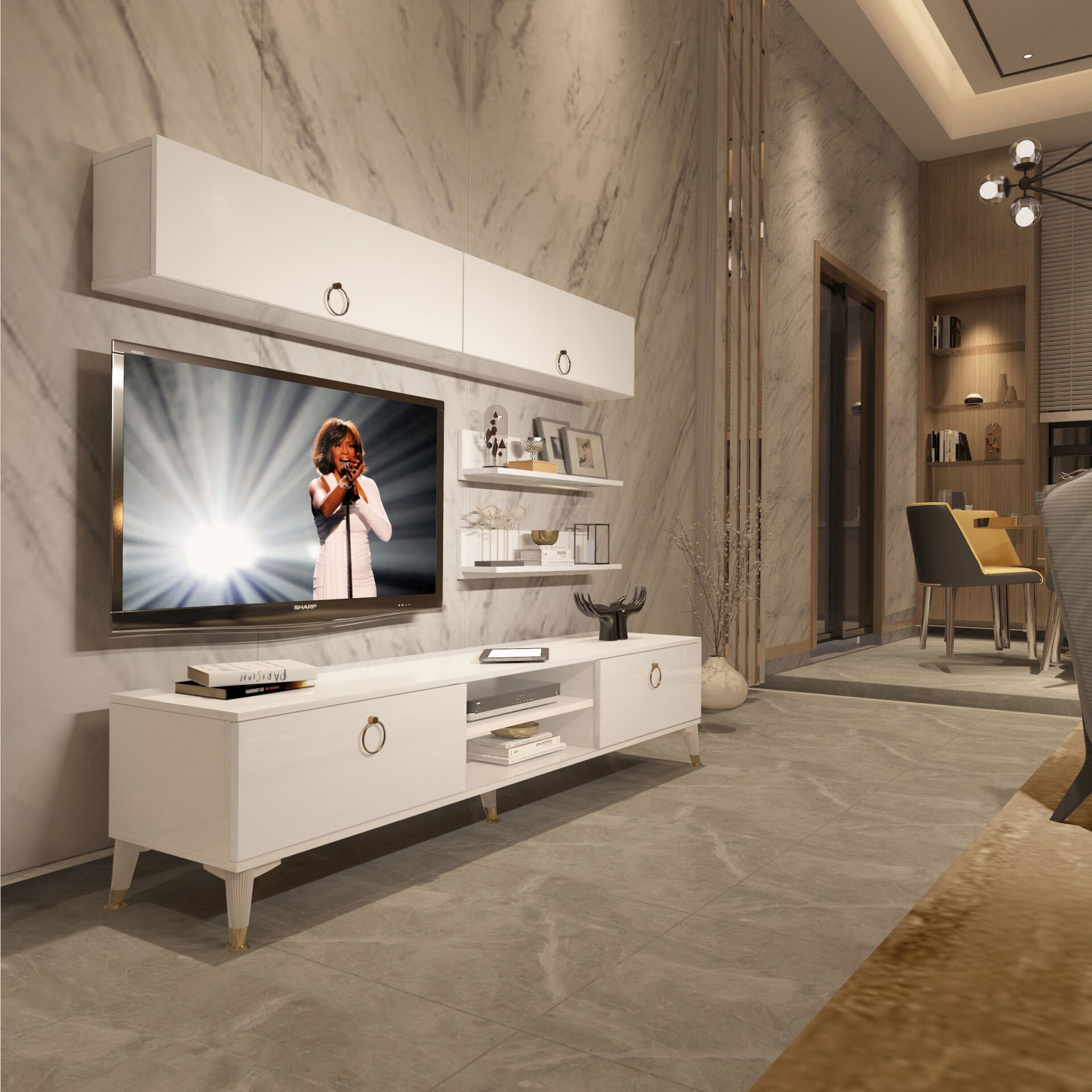 Decoraktiv Eko 5 Mdf Dvd Gold Tv Ünitesi Tv Sehpası Parlak Beyaz