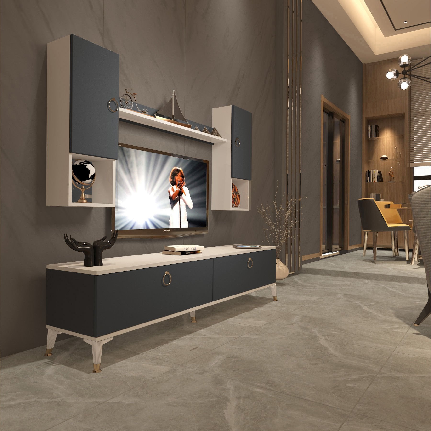 Decoraktiv Eko 5DA Mdf Std Gold Tv Ünitesi Tv Sehpası Beyaz - Antrasit