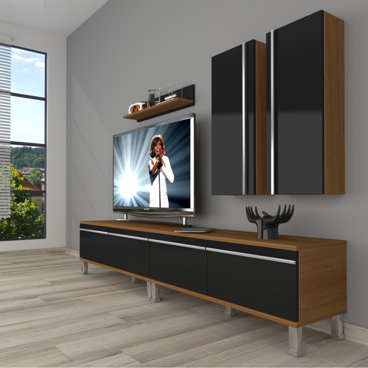 Decoraktiv Eko 5220T Mdf Krom Ayaklı Tv Ünitesi Tv Sehpası Ceviz - Siyah