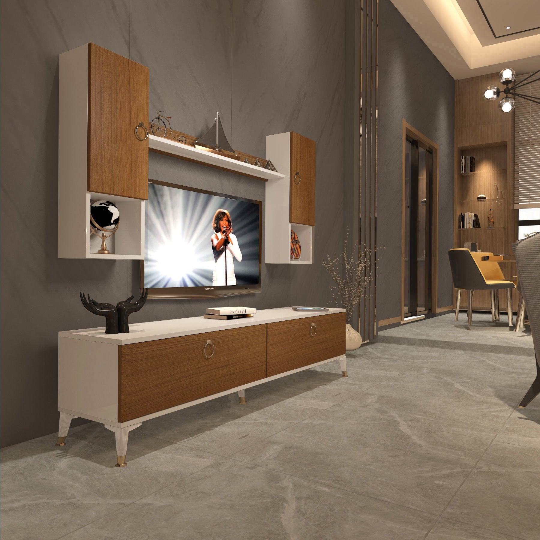 Decoraktiv Eko 5DA Mdf Std Gold Tv Ünitesi Tv Sehpası Beyaz - Ceviz