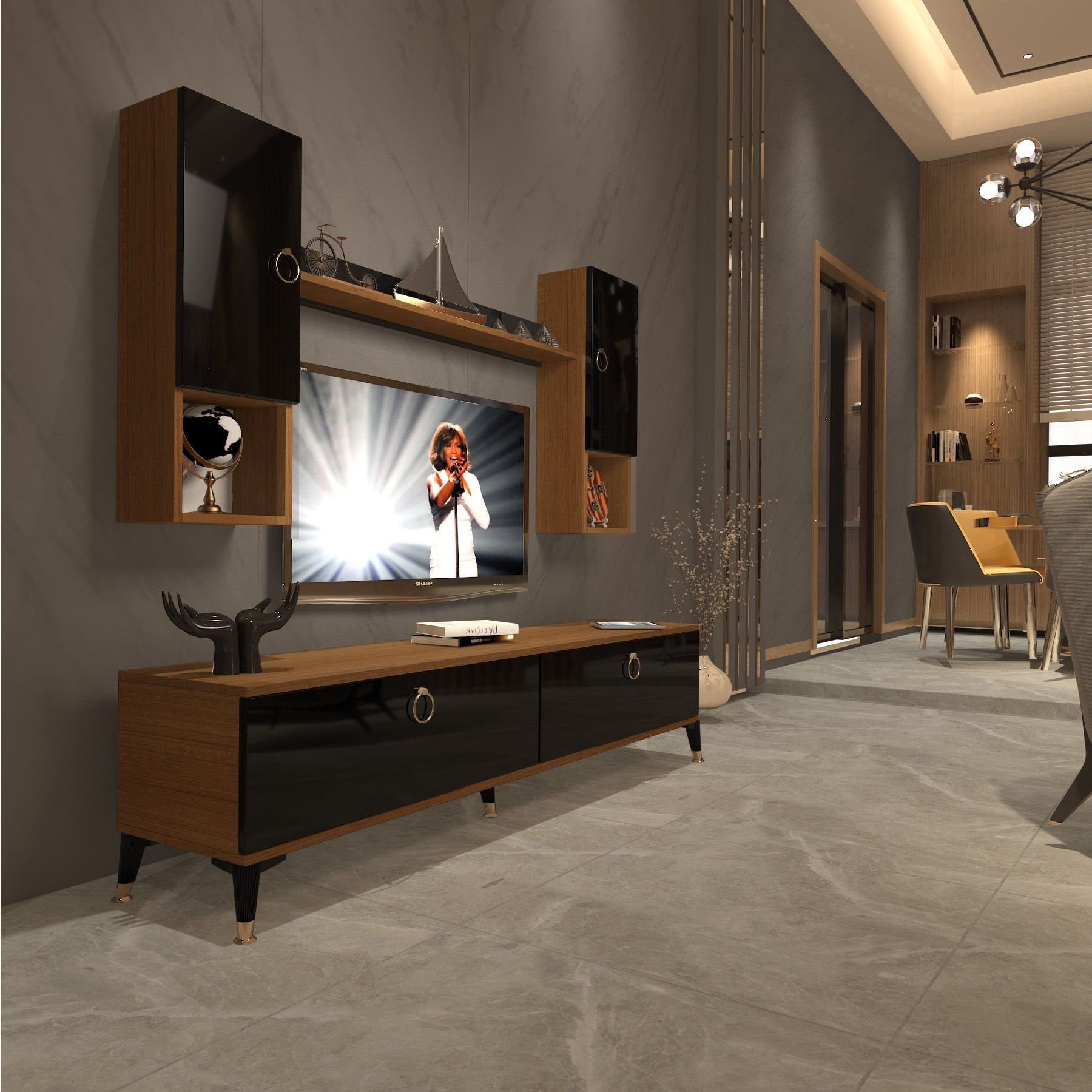 Decoraktiv Eko 5DA Mdf Std Gold Tv Ünitesi Tv Sehpası Ceviz - Siyah