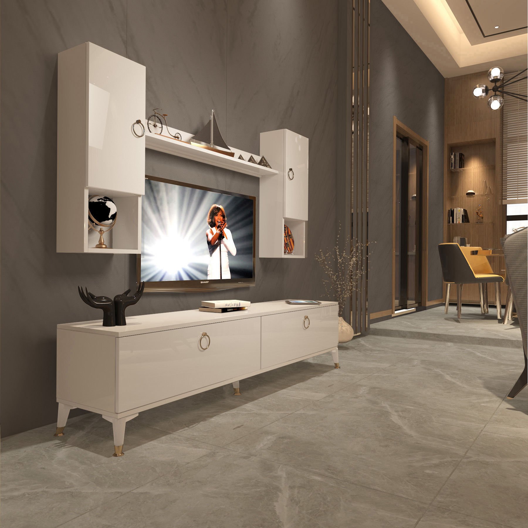 Decoraktiv Eko 5DA Mdf Std Gold Tv Ünitesi Tv Sehpası Parlak Beyaz