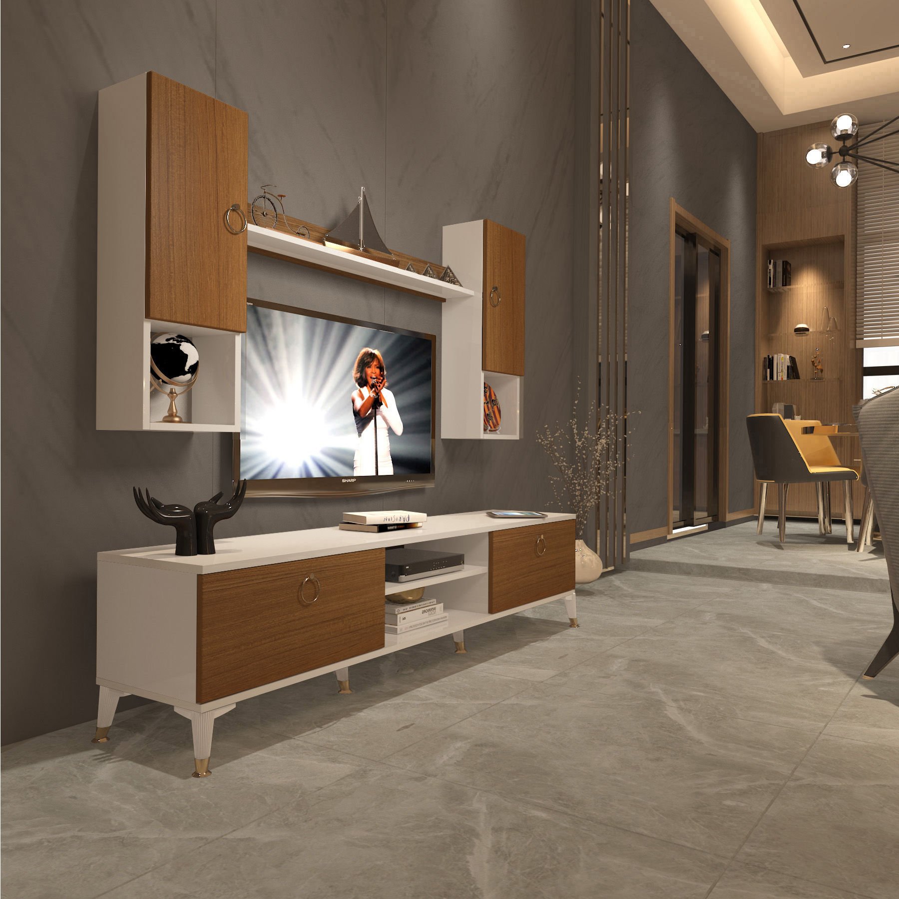Decoraktiv Eko 5DA Mdf Dvd Gold Tv Ünitesi Tv Sehpası Beyaz - Ceviz