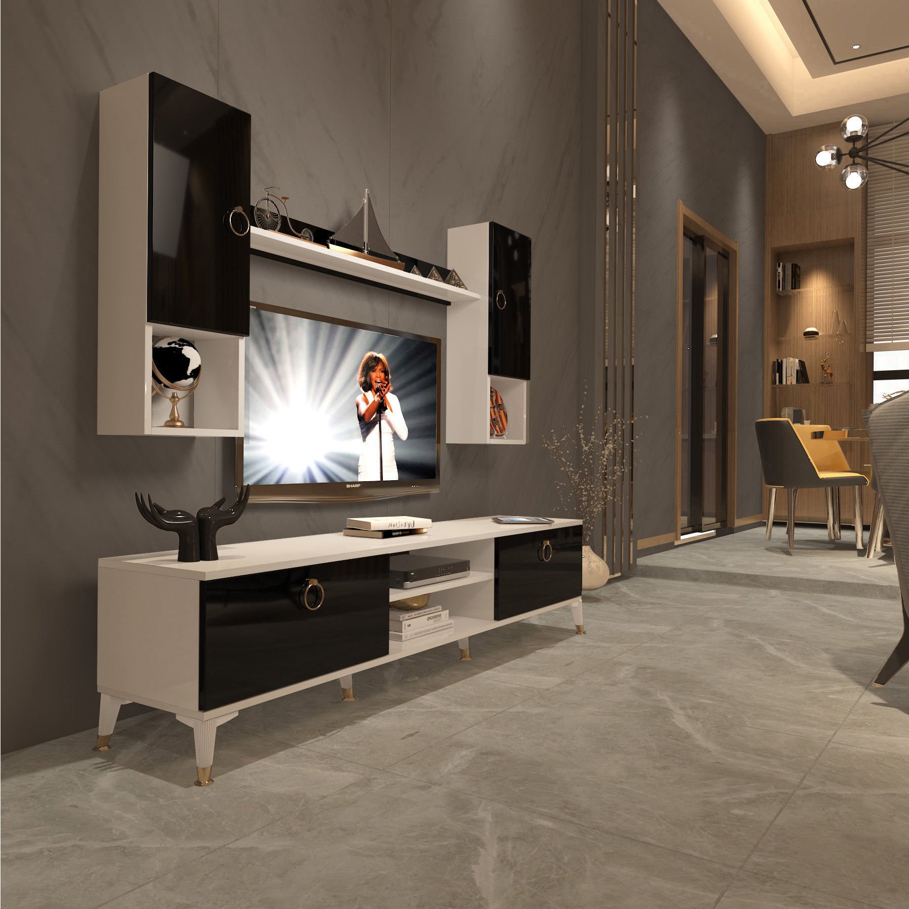 Decoraktiv Eko 5DA Mdf Dvd Gold Tv Ünitesi Tv Sehpası Beyaz - Siyah