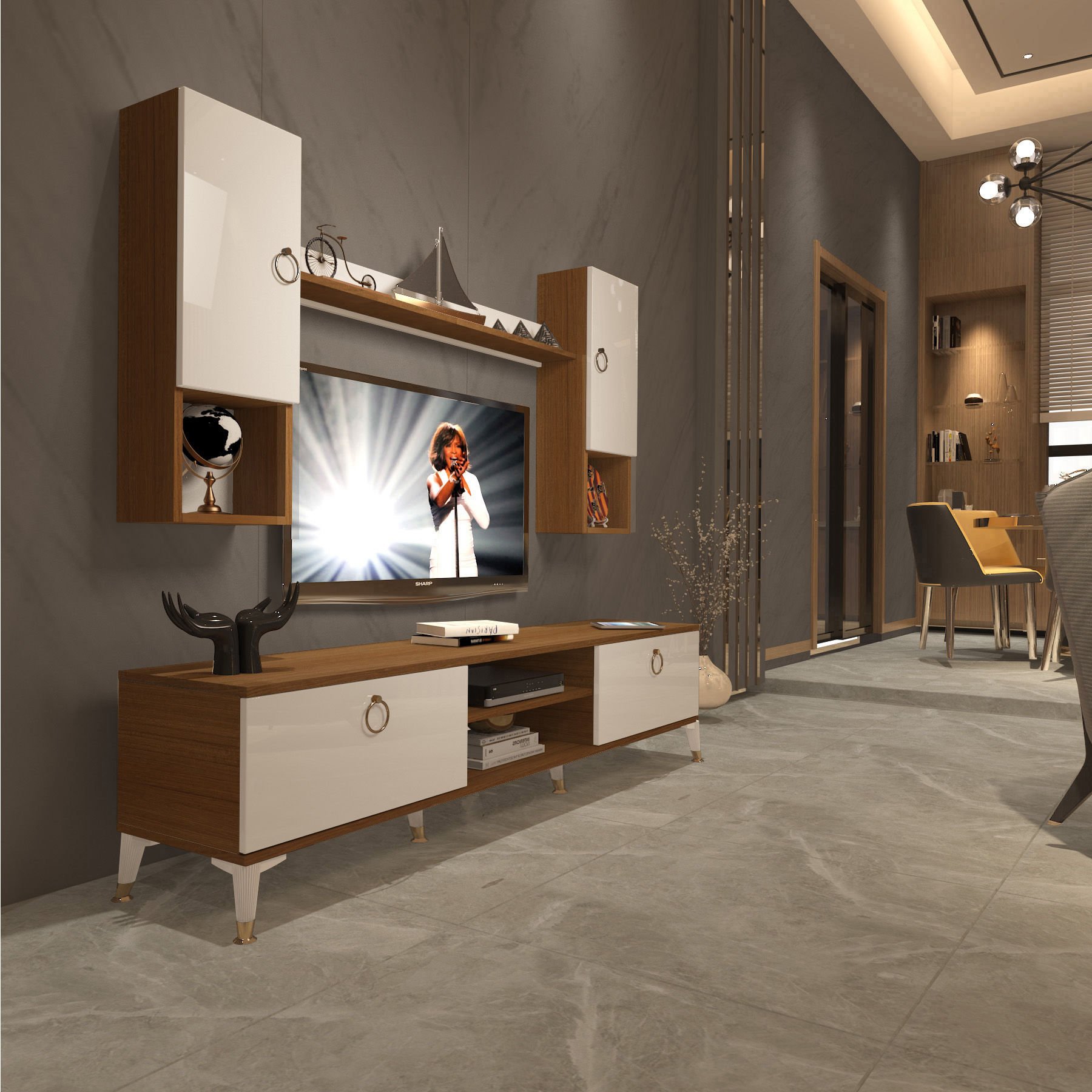 Decoraktiv Eko 5DA Mdf Dvd Gold Tv Ünitesi Tv Sehpası Ceviz - Beyaz