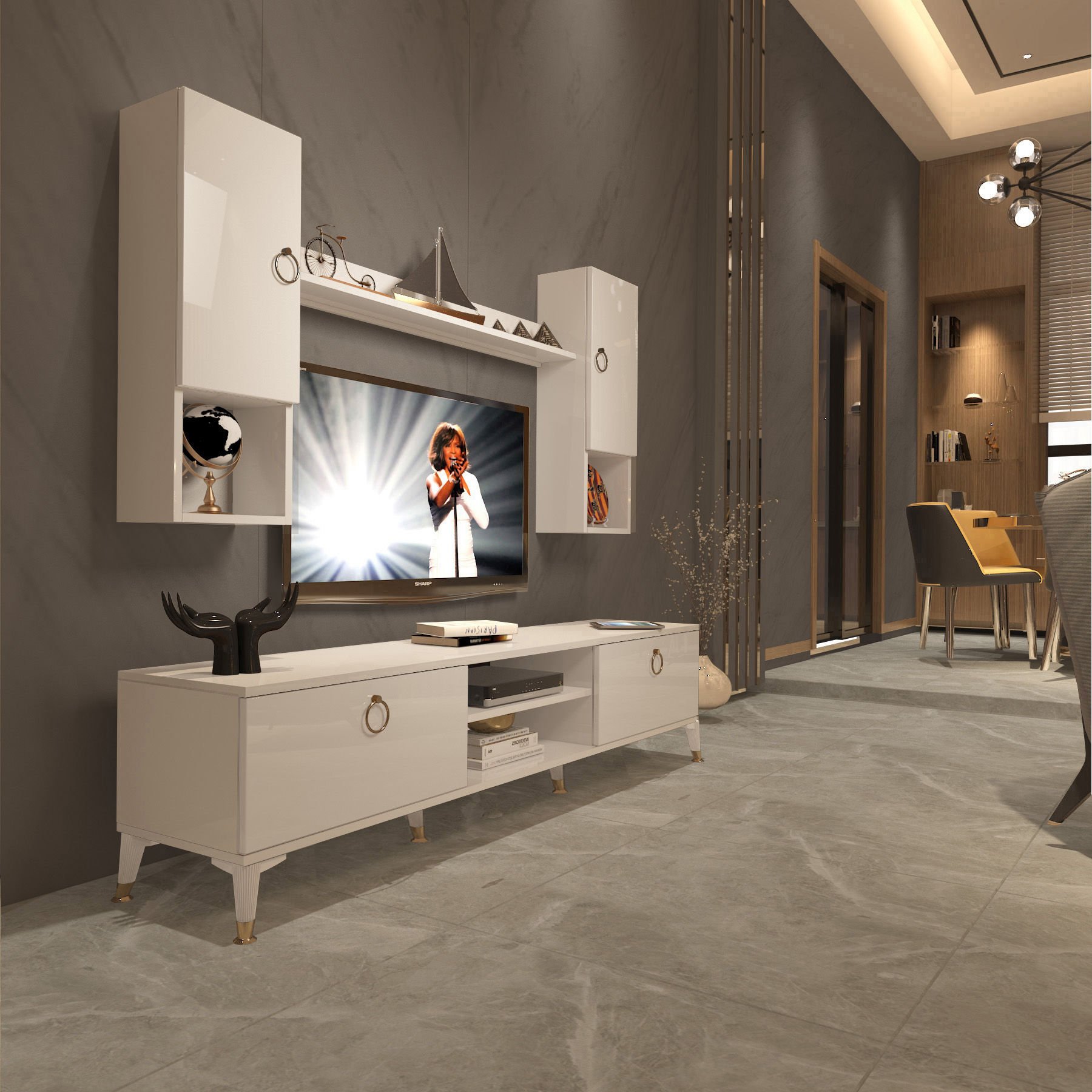 Decoraktiv Eko 5DA Mdf Dvd Gold Tv Ünitesi Tv Sehpası Parlak Beyaz