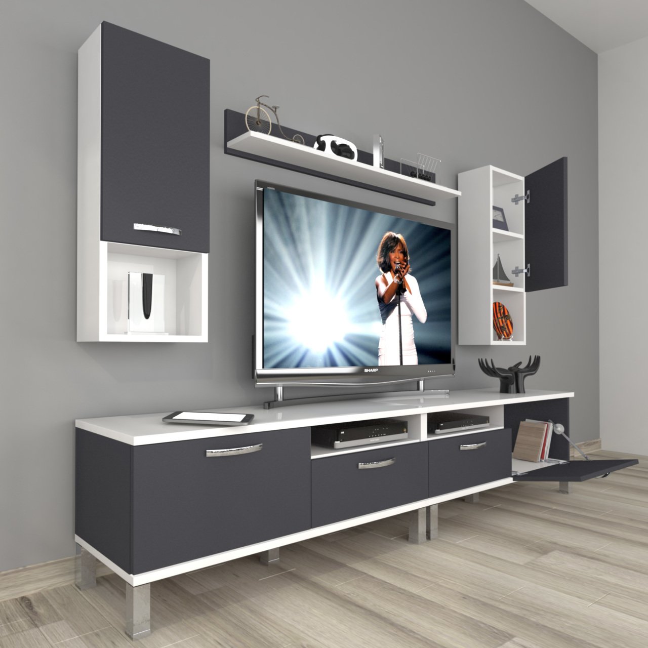 Decoraktiv Eko 5200DA Mdf Krom Ayaklı Tv Ünitesi Tv Sehpası Beyaz - Antrasit