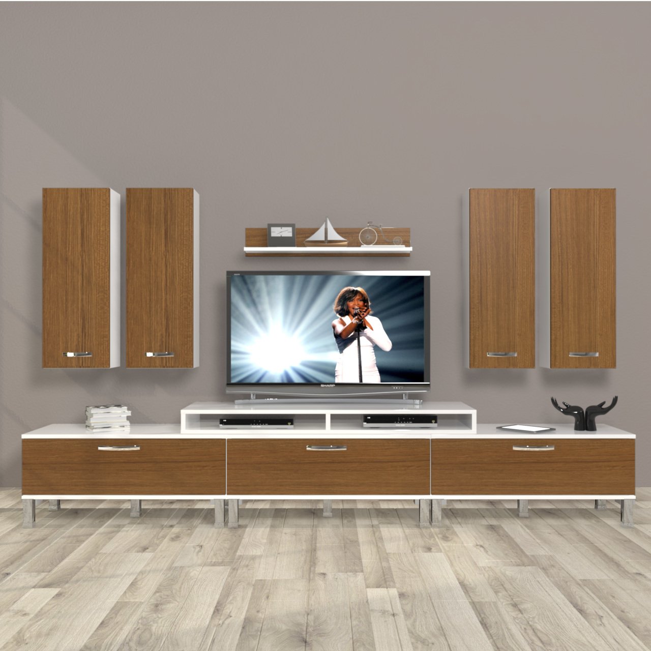 Decoraktiv Ekoflex 8D Slm Krom Ayaklı Tv Ünitesi Tv Sehpası Beyaz - Ceviz