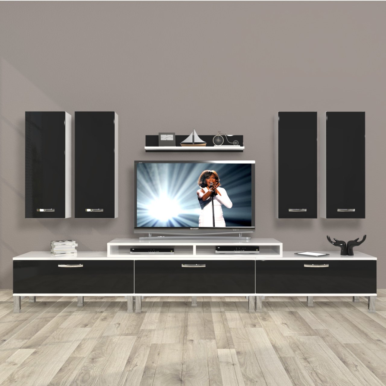 Decoraktiv Ekoflex 8D Slm Krom Ayaklı Tv Ünitesi Tv Sehpası Beyaz - Siyah